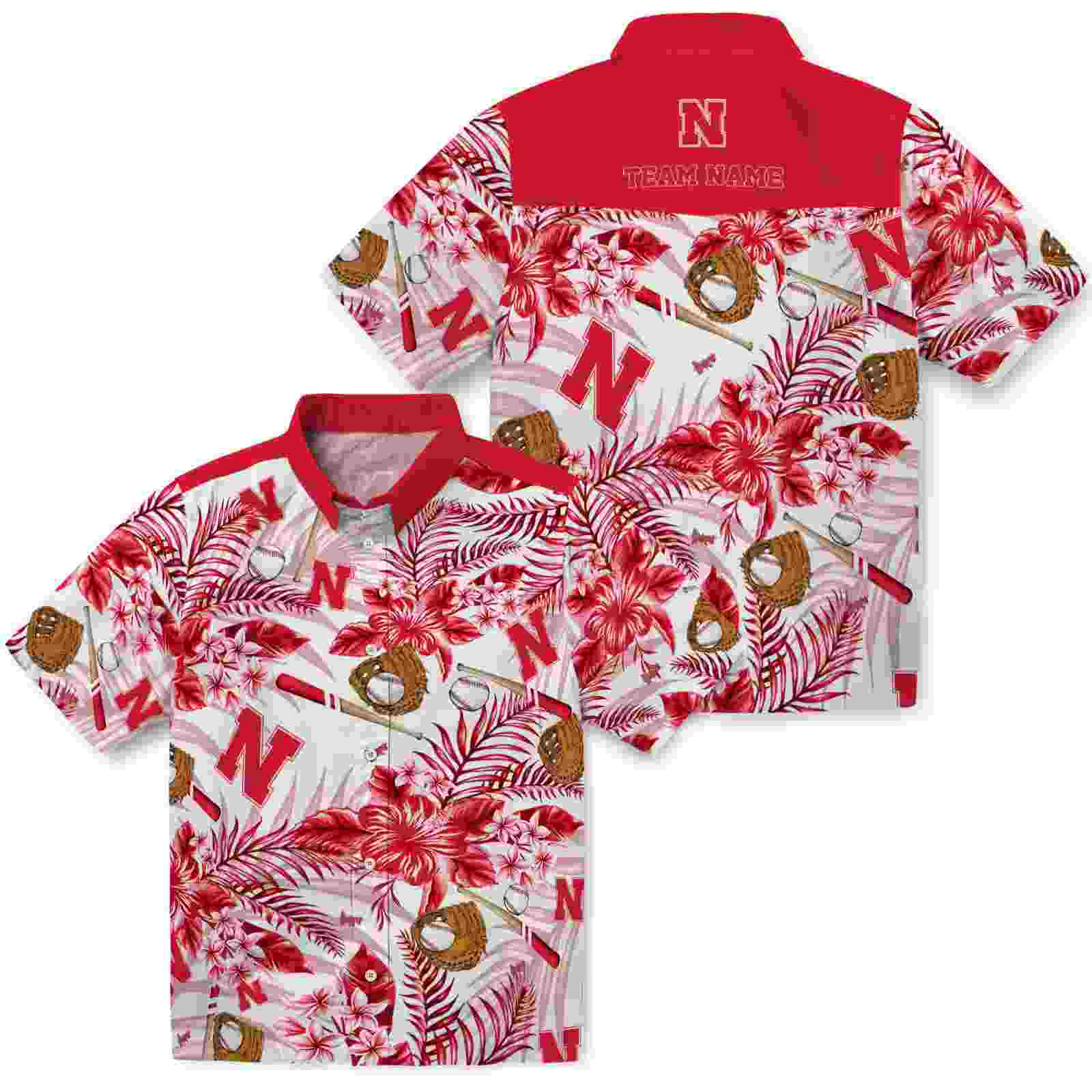 customized nebraska cornhuskers floral baseball red white hawaiian shirt high quality