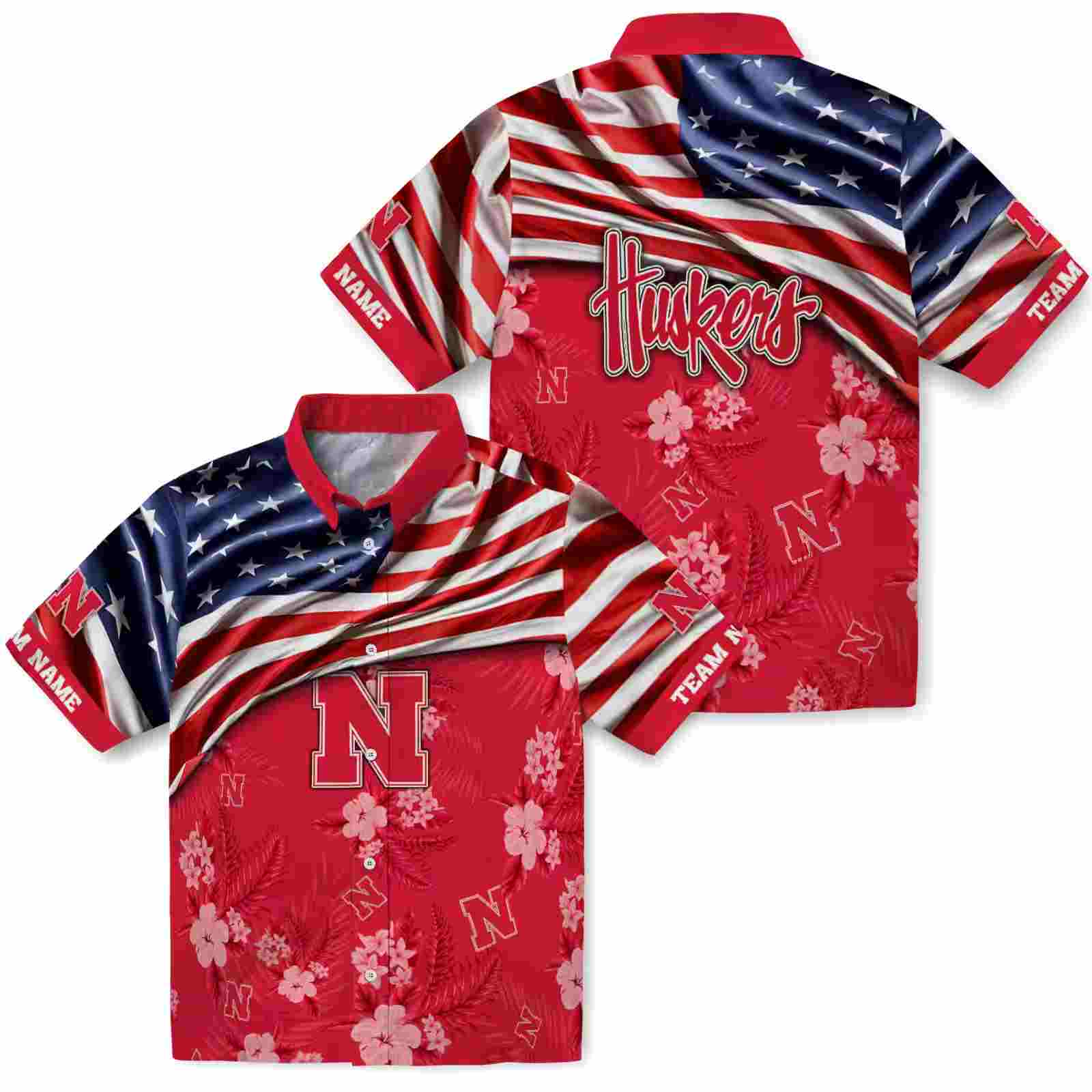 customized nebraska cornhuskers us flag hibiscus red hawaiian shirt high quality