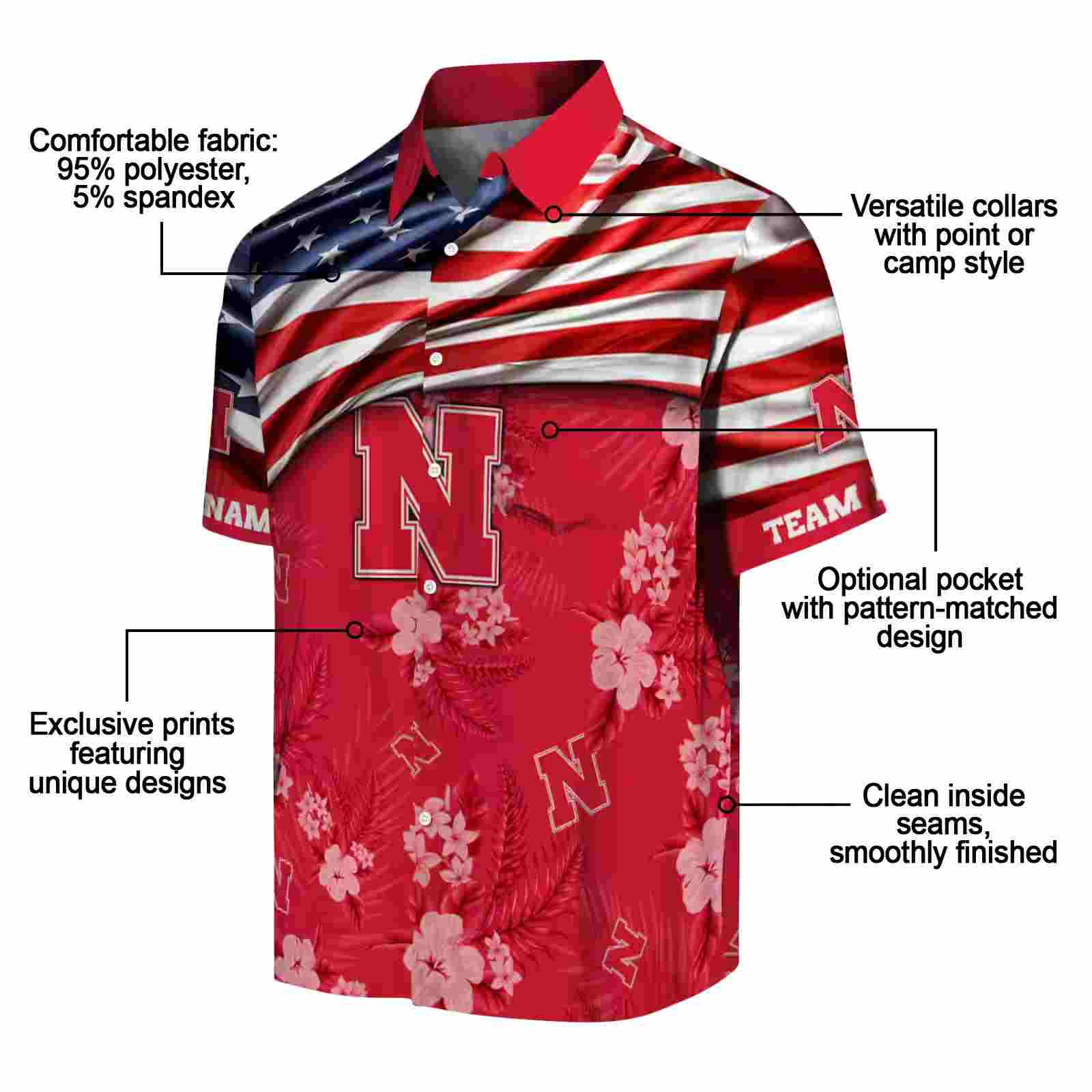 customized nebraska cornhuskers us flag hibiscus red hawaiian shirt new arrival