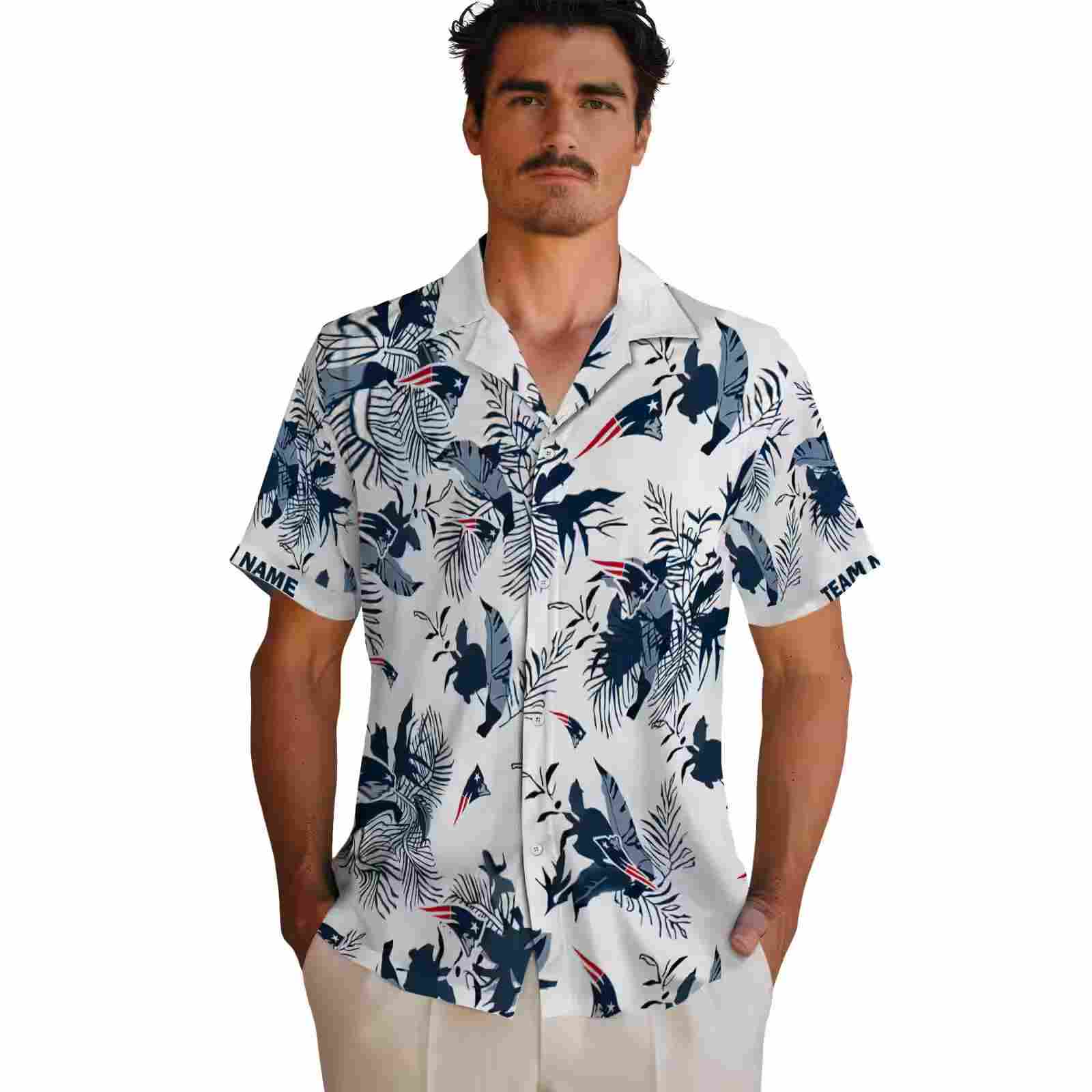 customized new england patriots botanical theme blue white hawaiian shirt fashion forward