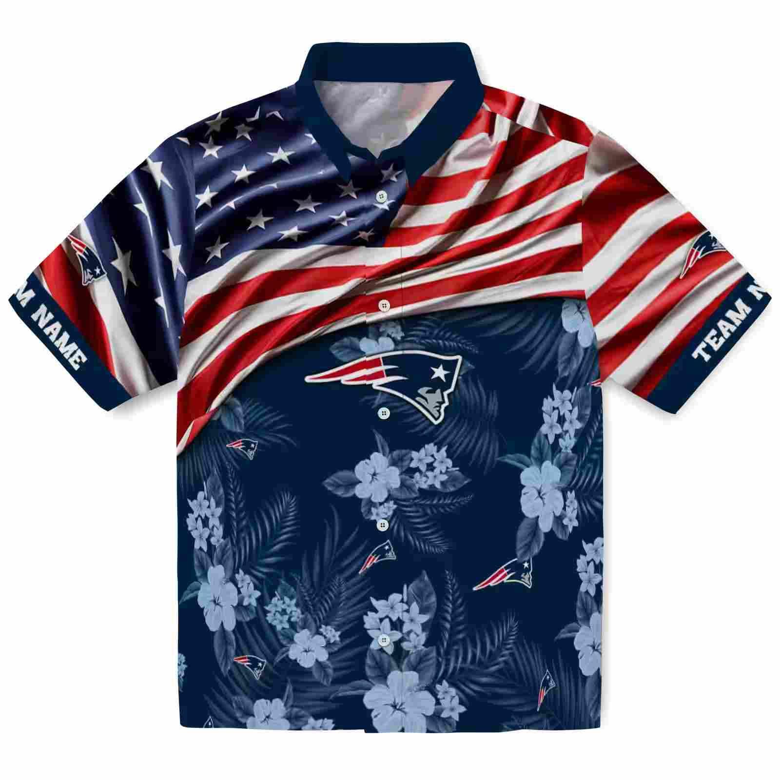 Customized New England Patriots US Flag Hibiscus Blue Hawaiian Shirt