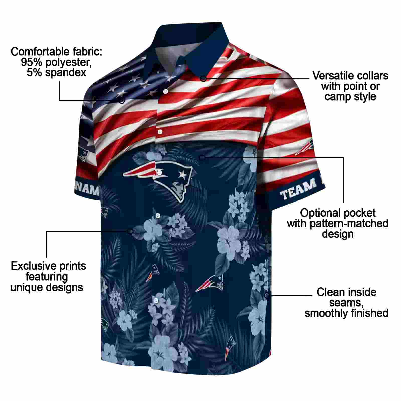 customized new england patriots us flag hibiscus blue hawaiian shirt new arrival