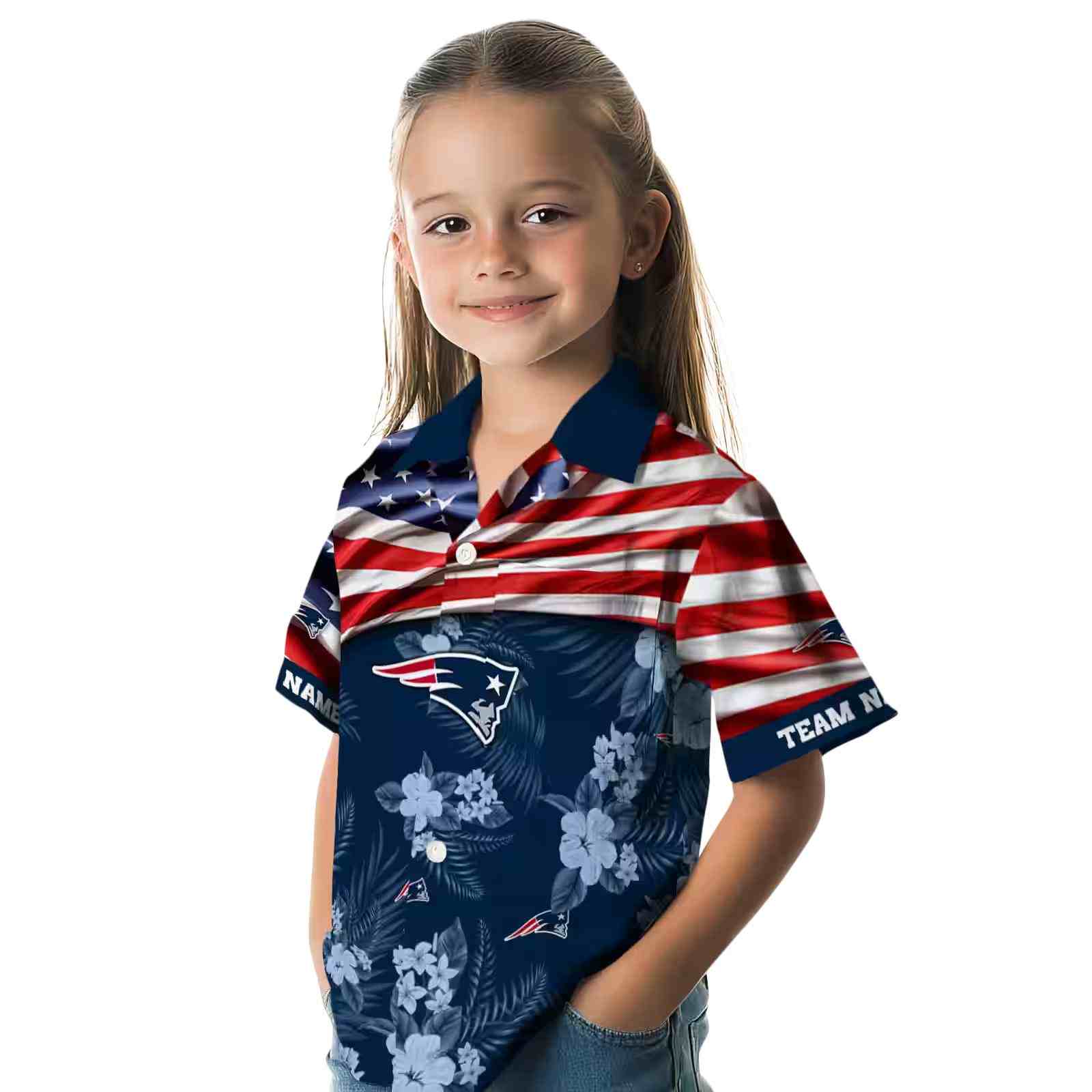 customized new england patriots us flag hibiscus blue hawaiian shirt premium grade