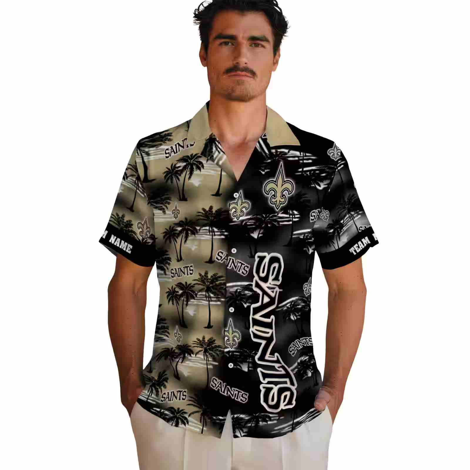 customized new orleans saints palm silhouettes gold hawaiian shirt fashion forward