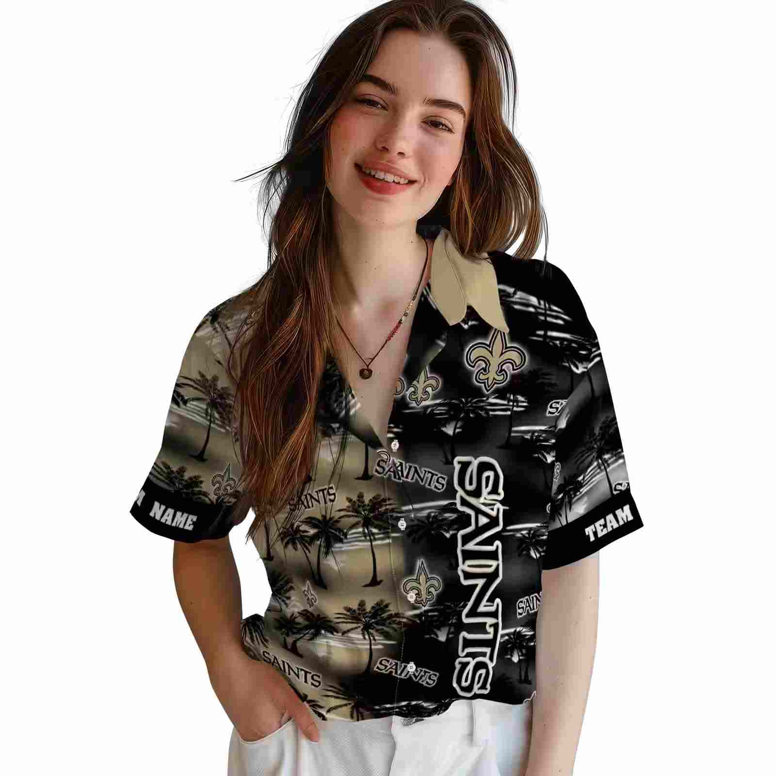 customized new orleans saints palm silhouettes gold hawaiian shirt latest model