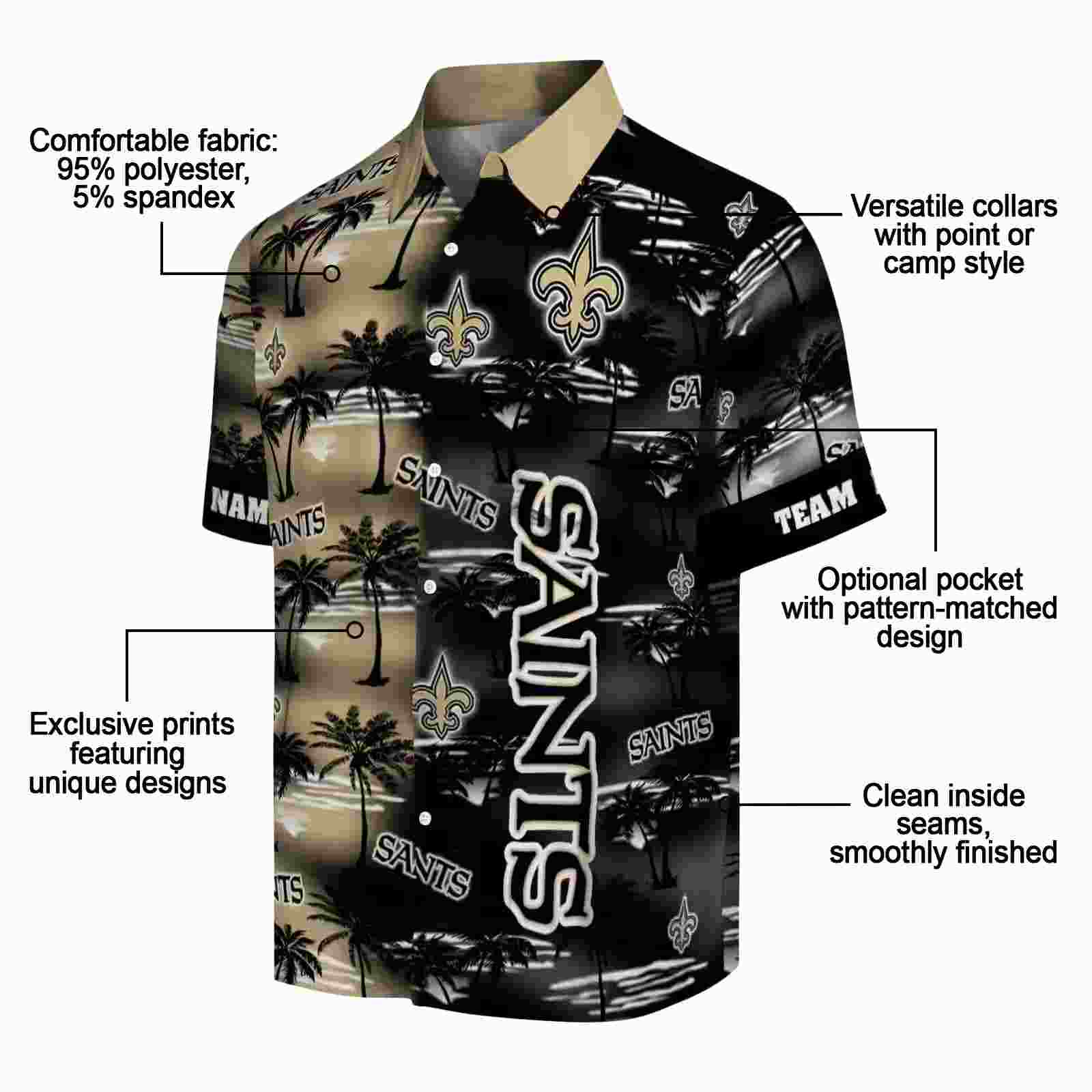 customized new orleans saints palm silhouettes gold hawaiian shirt new arrival