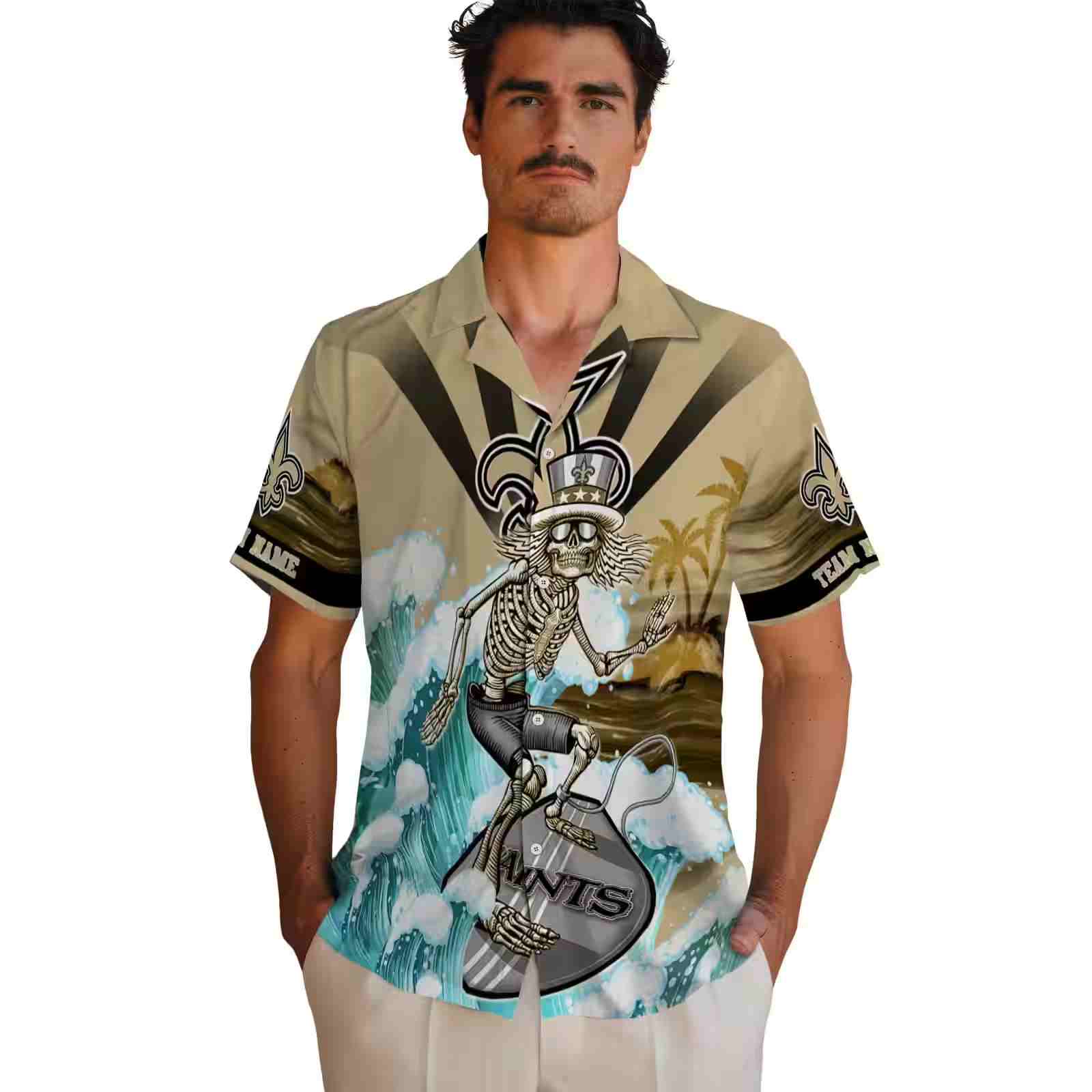 customized new orleans saints surfing skeleton gold blue hawaiian shirt fashion forward