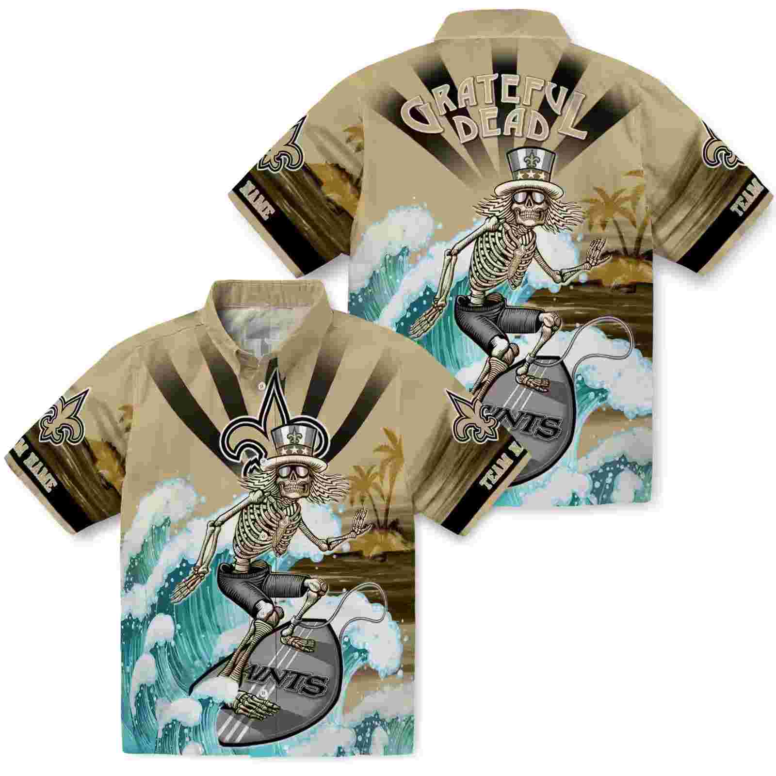 customized new orleans saints surfing skeleton gold blue hawaiian shirt high quality