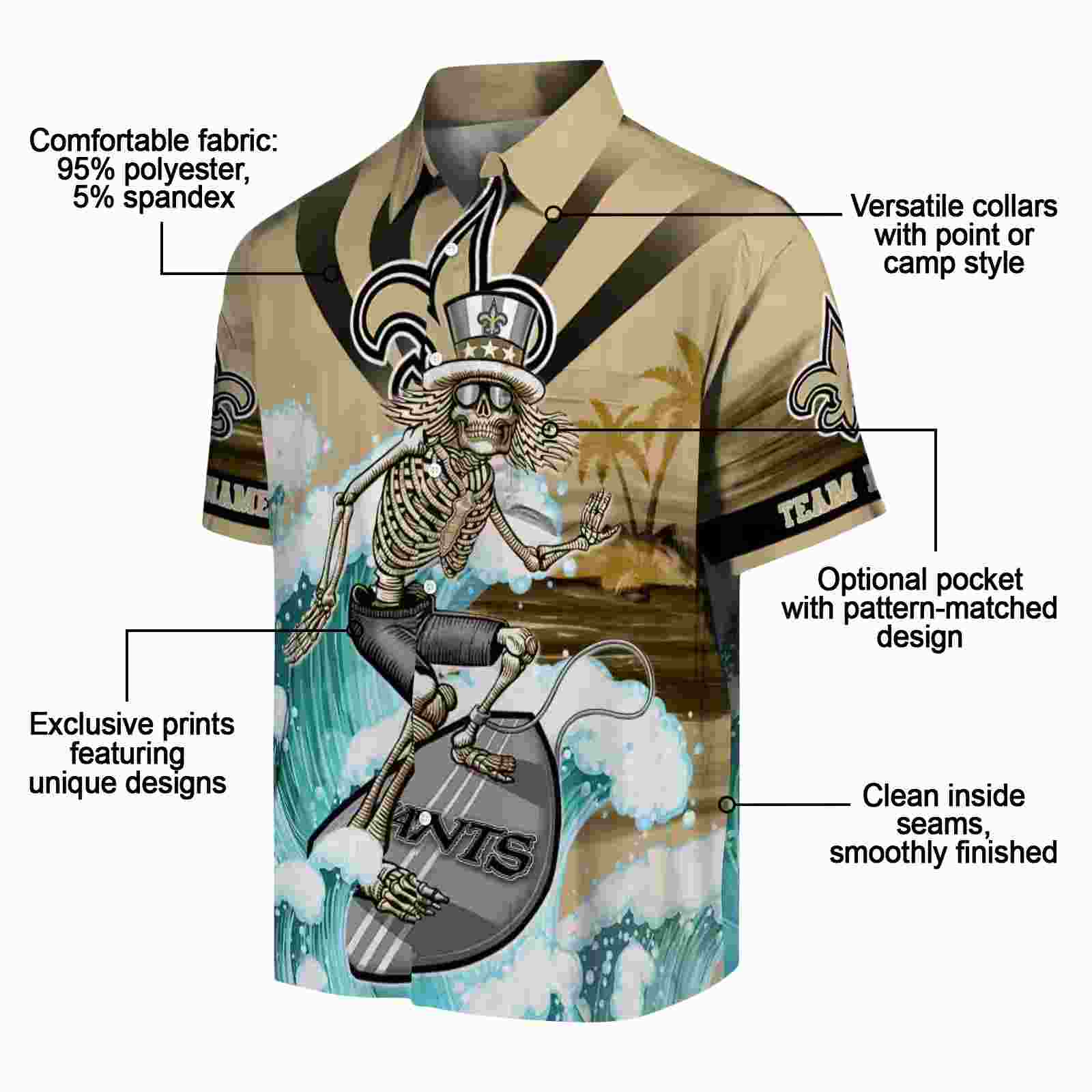 customized new orleans saints surfing skeleton gold blue hawaiian shirt new arrival