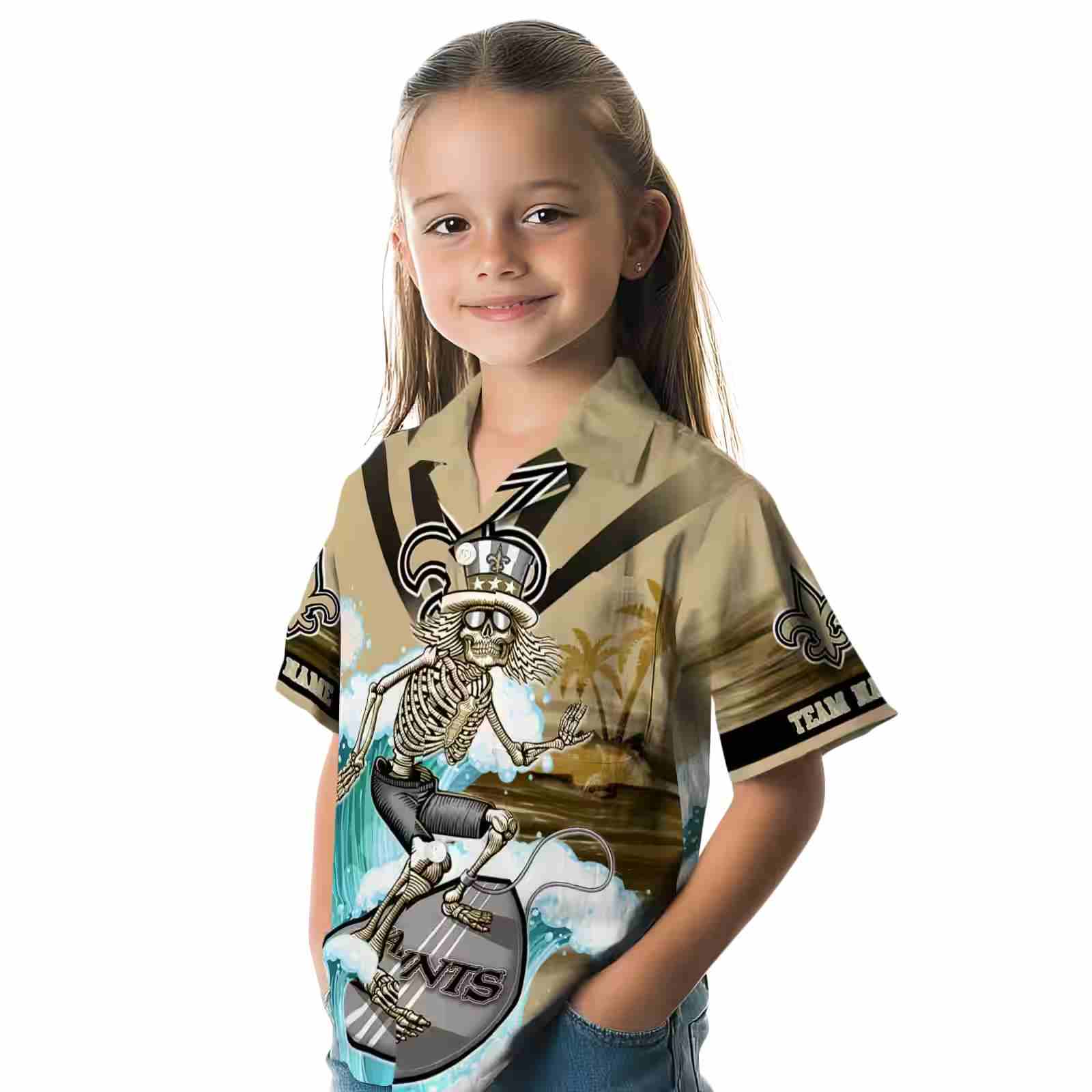 customized new orleans saints surfing skeleton gold blue hawaiian shirt premium grade