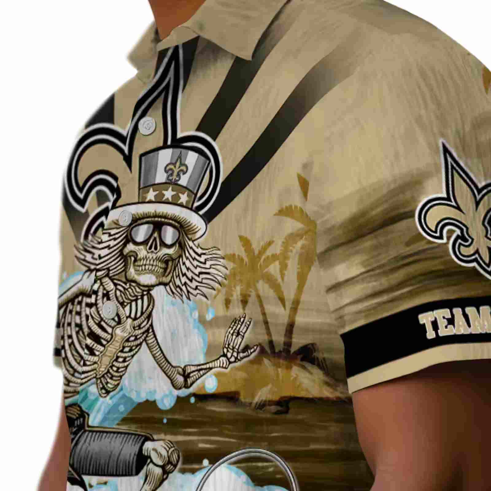 customized new orleans saints surfing skeleton gold blue hawaiian shirt trendy