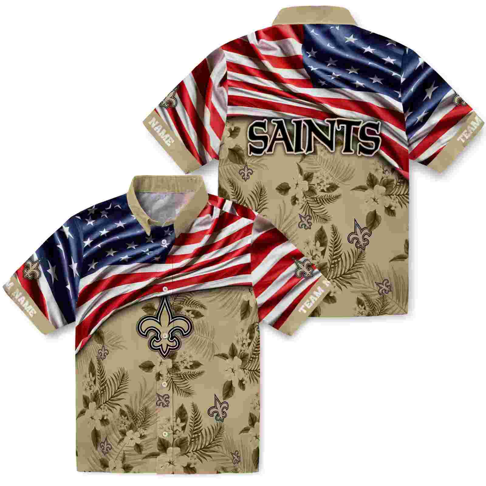 customized new orleans saints us flag hibiscus gold hawaiian shirt high quality