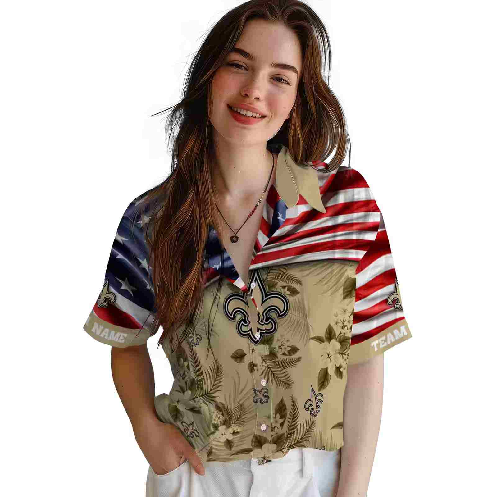 customized new orleans saints us flag hibiscus gold hawaiian shirt latest model