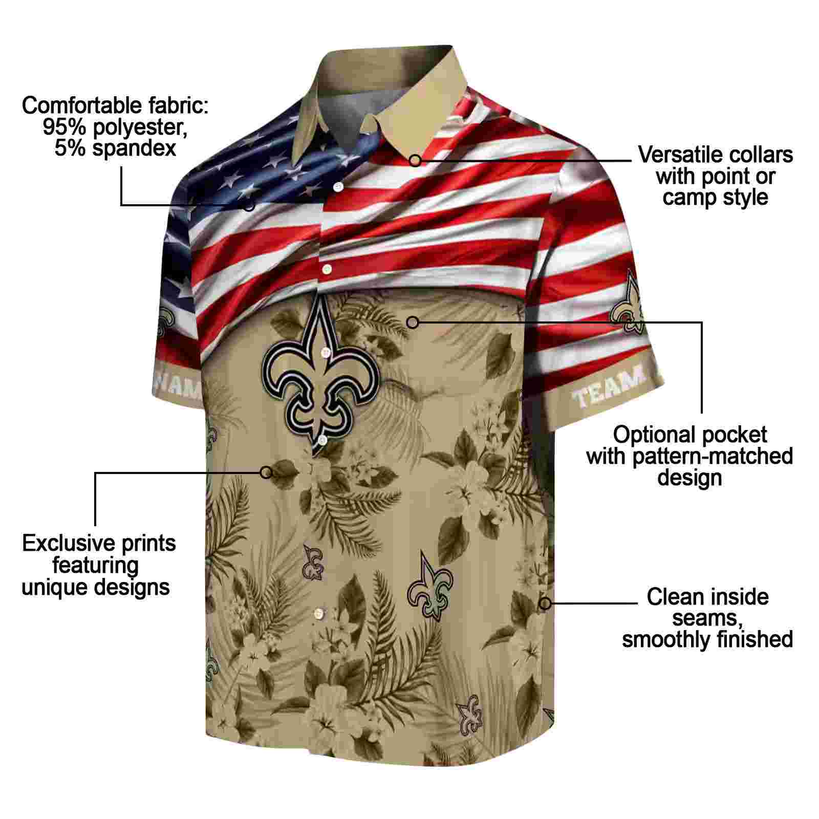 customized new orleans saints us flag hibiscus gold hawaiian shirt new arrival