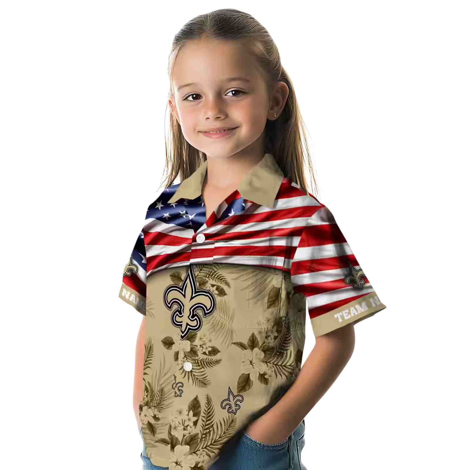 customized new orleans saints us flag hibiscus gold hawaiian shirt premium grade