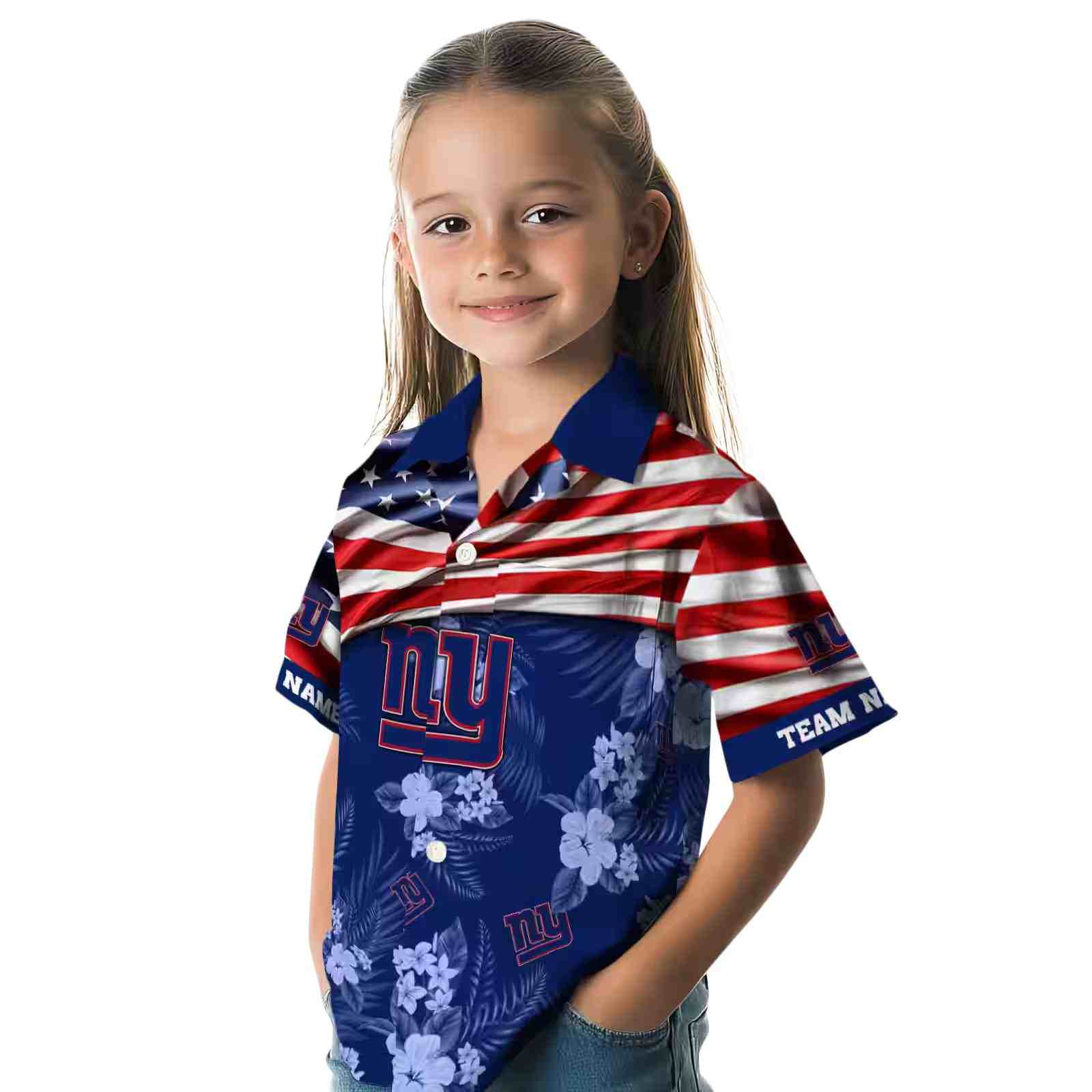 customized new york giants us flag hibiscus blue hawaiian shirt premium grade