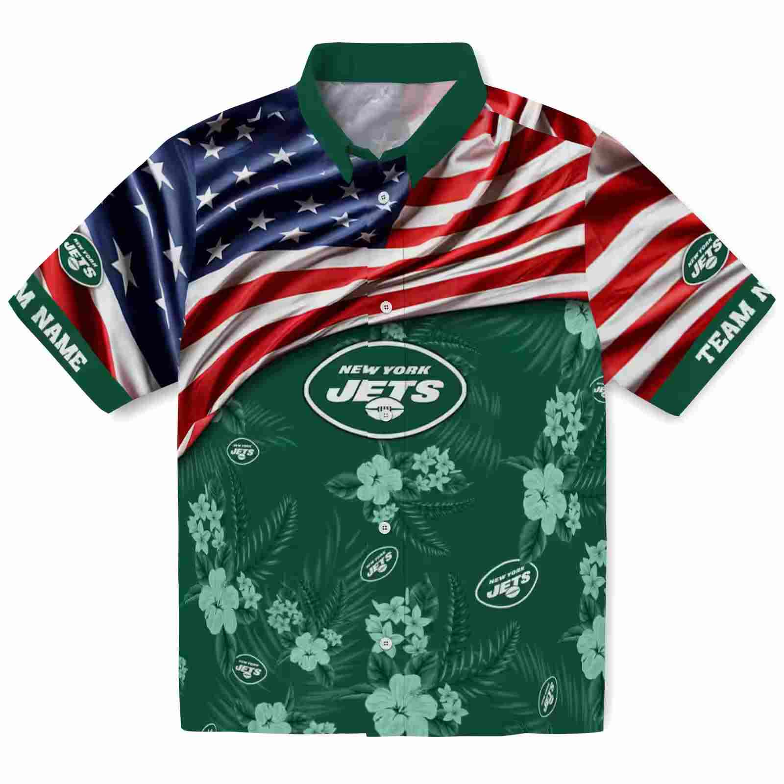 Customized New York Jets US Flag Hibiscus Green Hawaiian Shirt