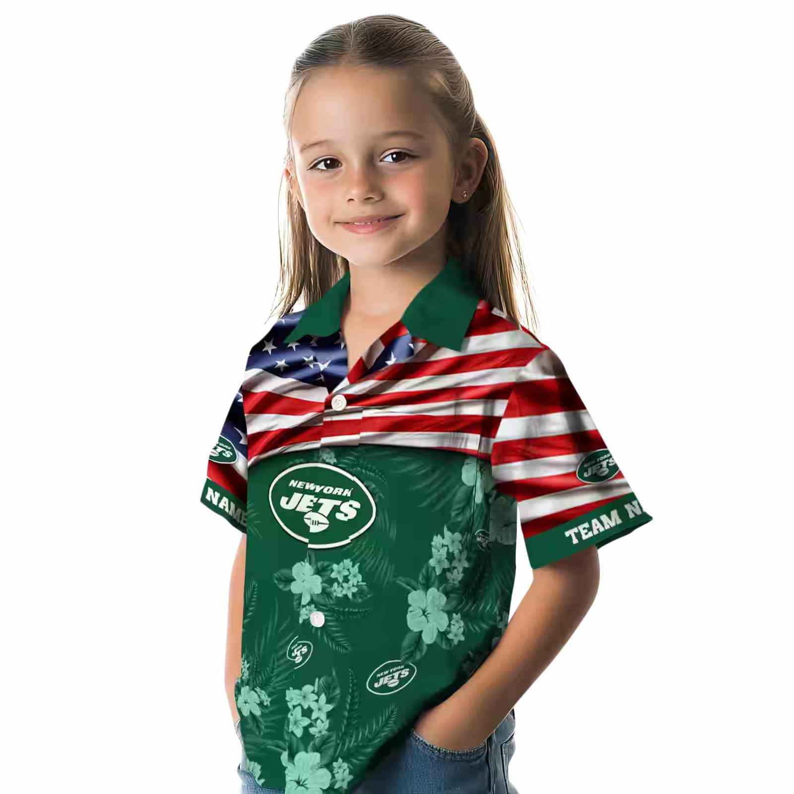 customized new york jets us flag hibiscus green hawaiian shirt premium grade