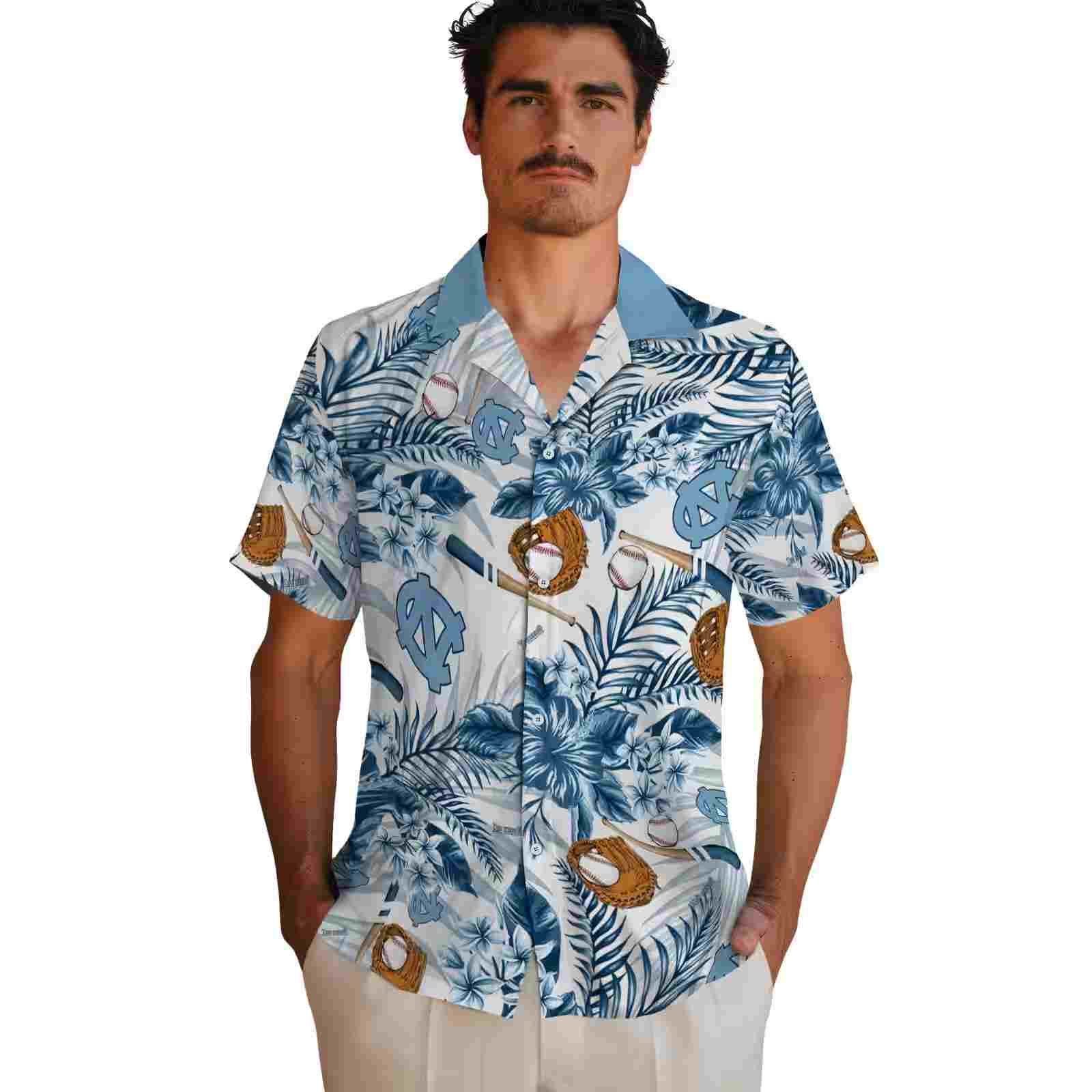 customized north carolina tar heels floral baseball light blue white hawaiian shirt fashion forward