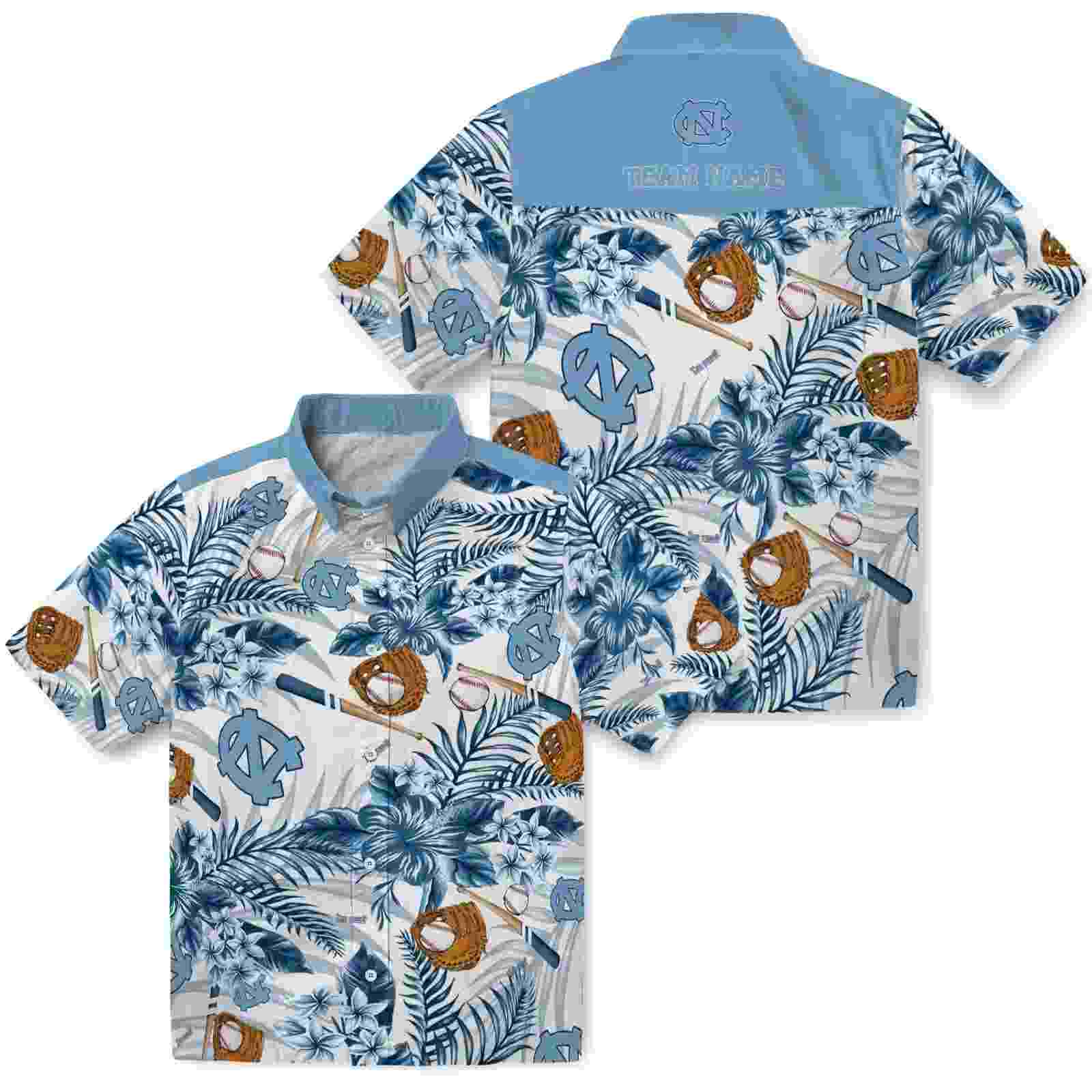 customized north carolina tar heels floral baseball light blue white hawaiian shirt high quality