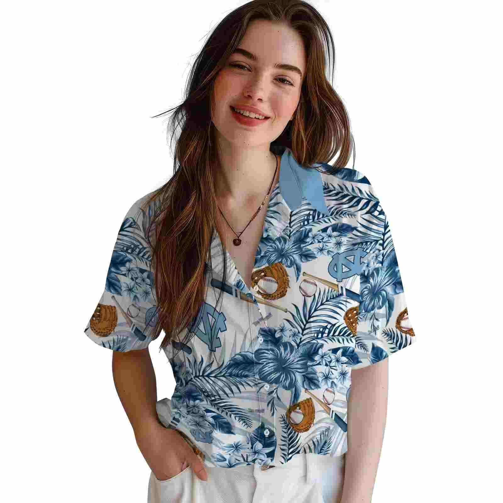 customized north carolina tar heels floral baseball light blue white hawaiian shirt latest model