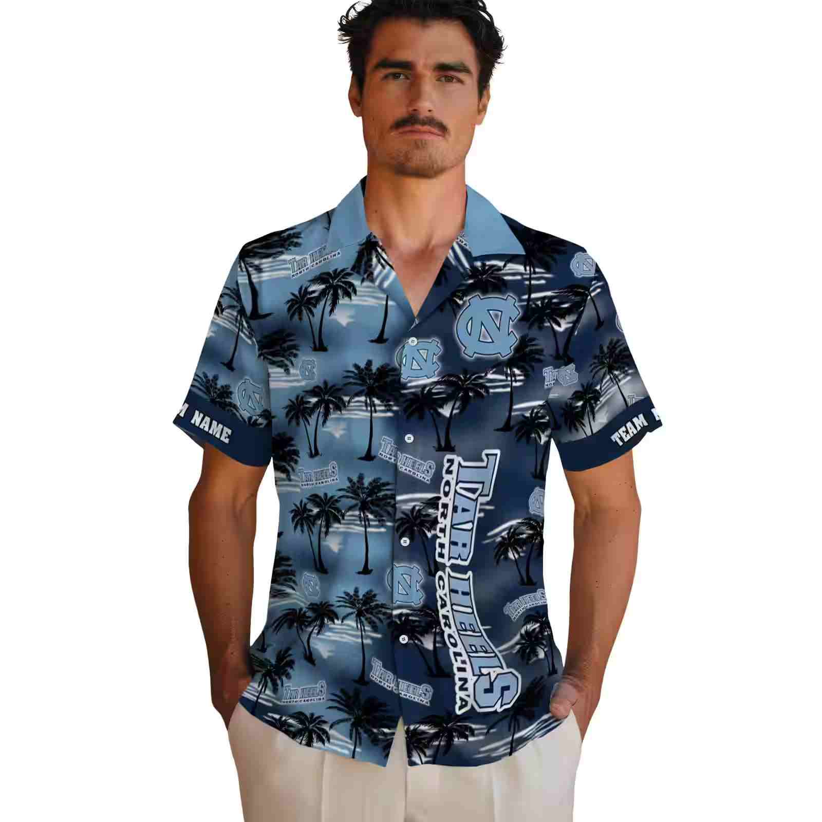 customized north carolina tar heels palm silhouettes light blue hawaiian shirt fashion forward