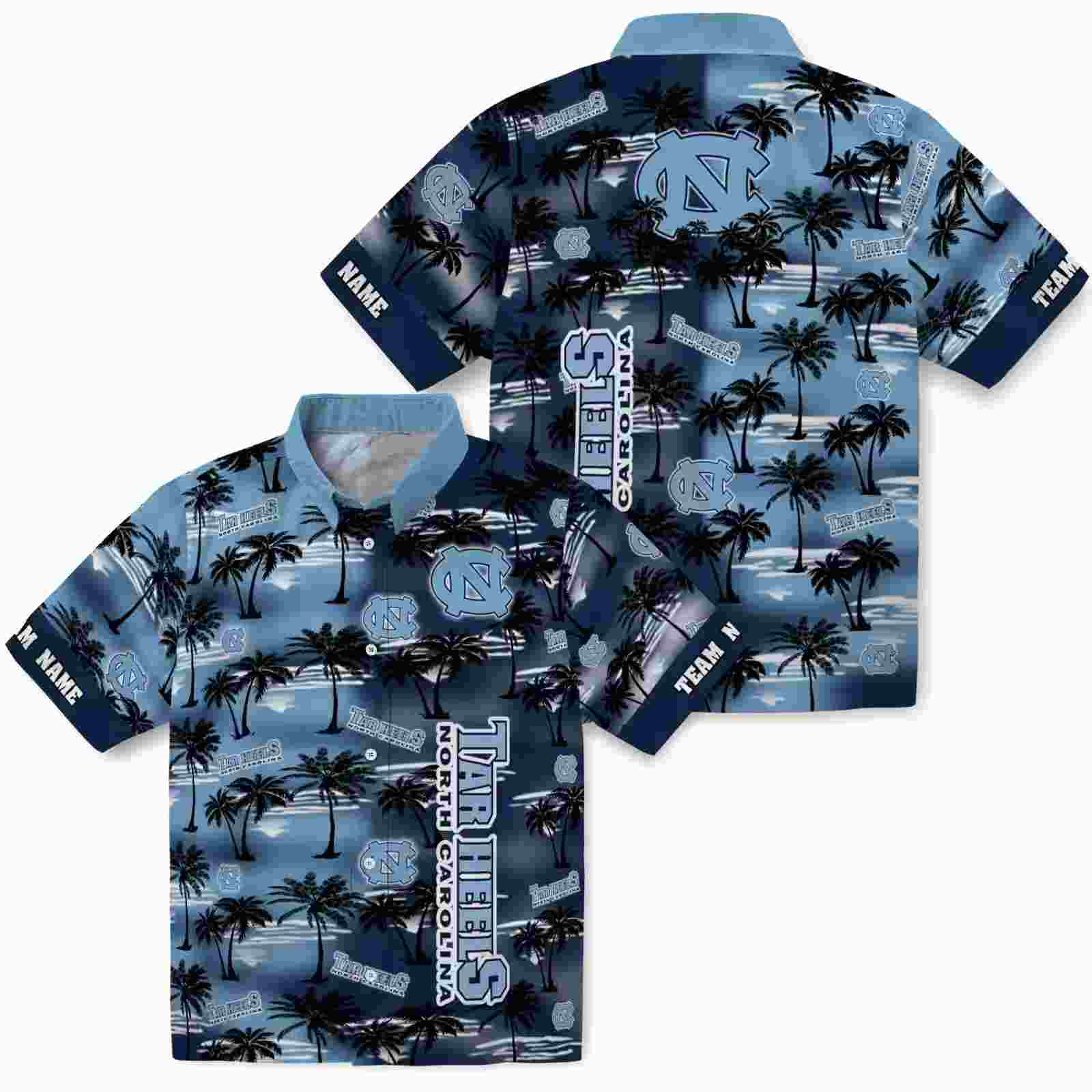 customized north carolina tar heels palm silhouettes light blue hawaiian shirt high quality