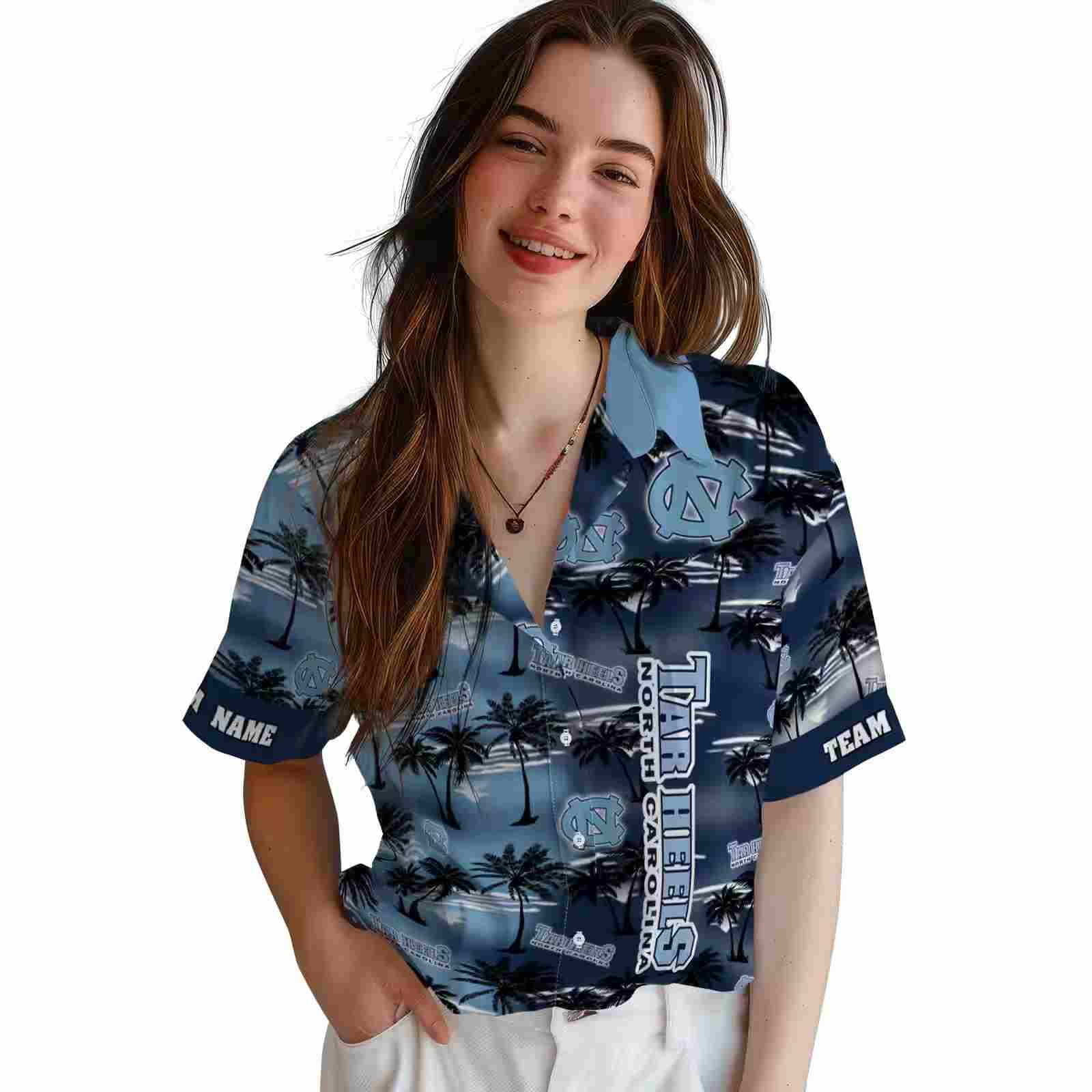 customized north carolina tar heels palm silhouettes light blue hawaiian shirt latest model