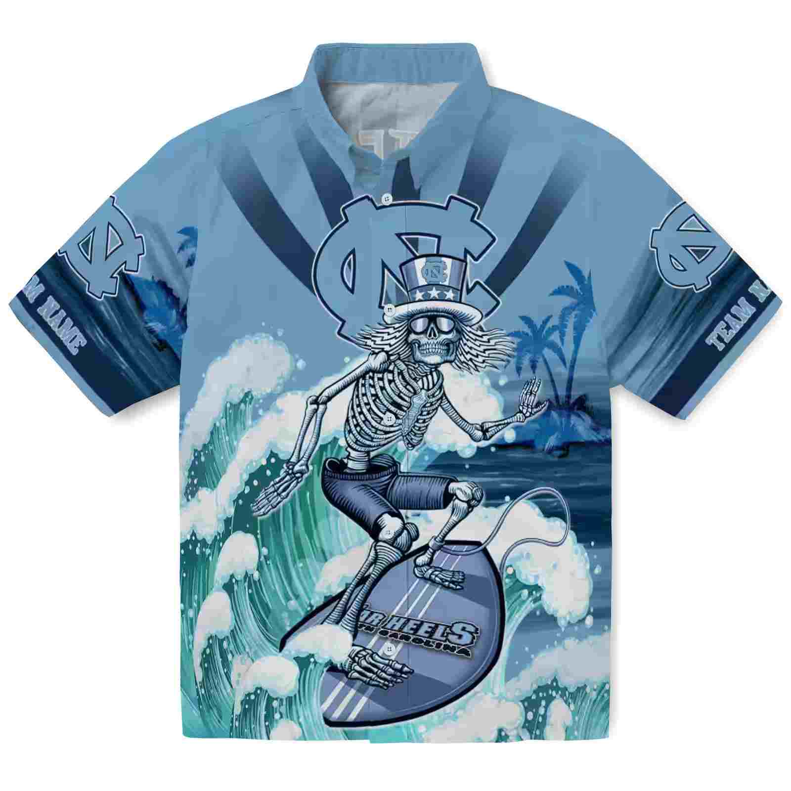 Customized North Carolina Tar Heels Surfing Skeleton Light Blue Hawaiian Shirt