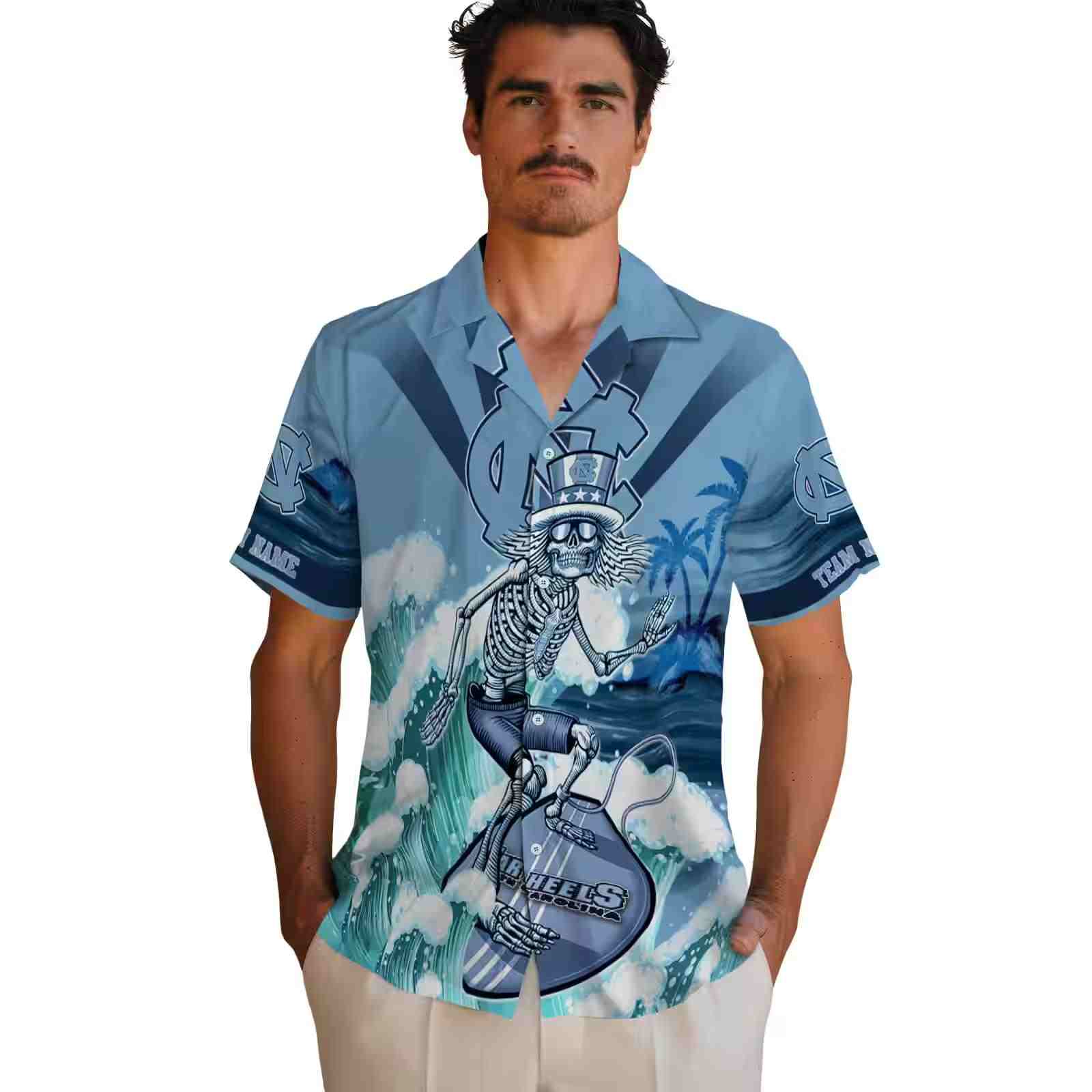 customized north carolina tar heels surfing skeleton light blue hawaiian shirt fashion forward