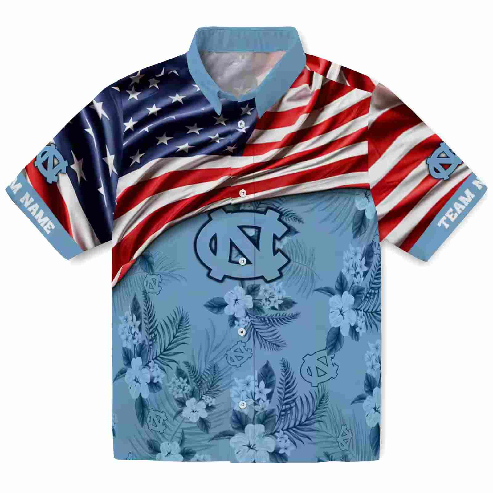 Customized North Carolina Tar Heels US Flag Hibiscus Light Blue Hawaiian Shirt