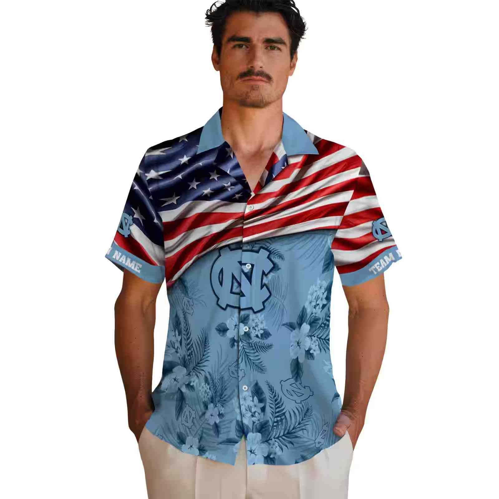 customized north carolina tar heels us flag hibiscus light blue hawaiian shirt fashion forward