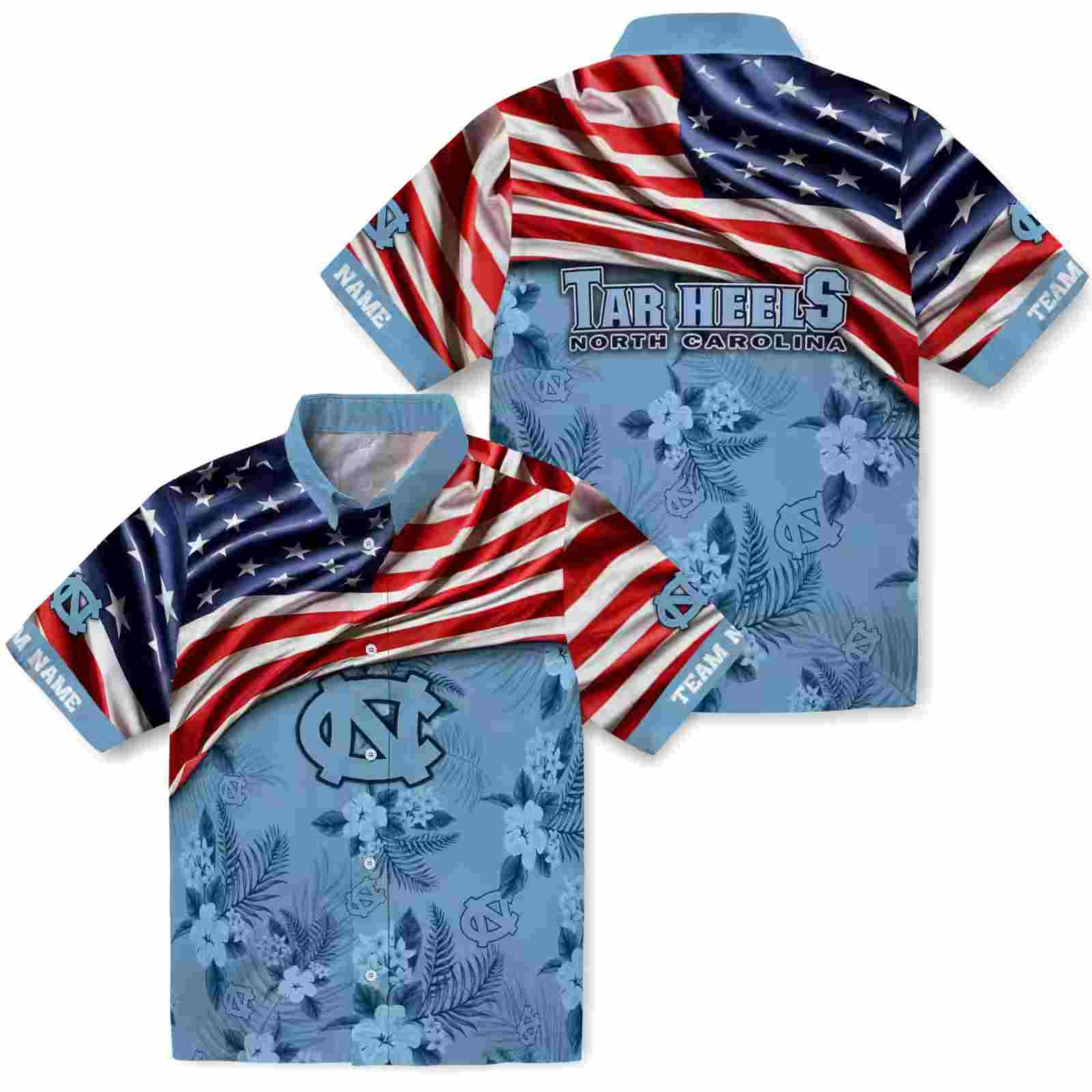 customized north carolina tar heels us flag hibiscus light blue hawaiian shirt high quality