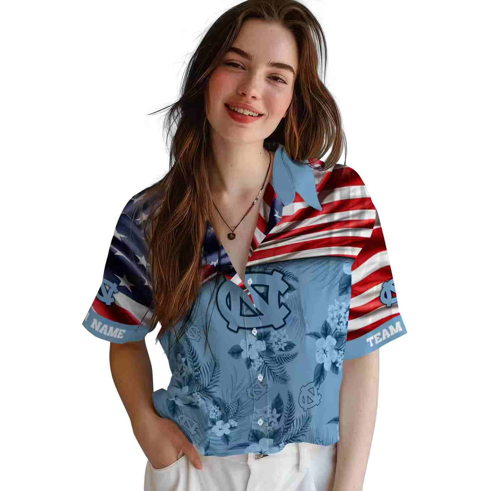 customized north carolina tar heels us flag hibiscus light blue hawaiian shirt latest model