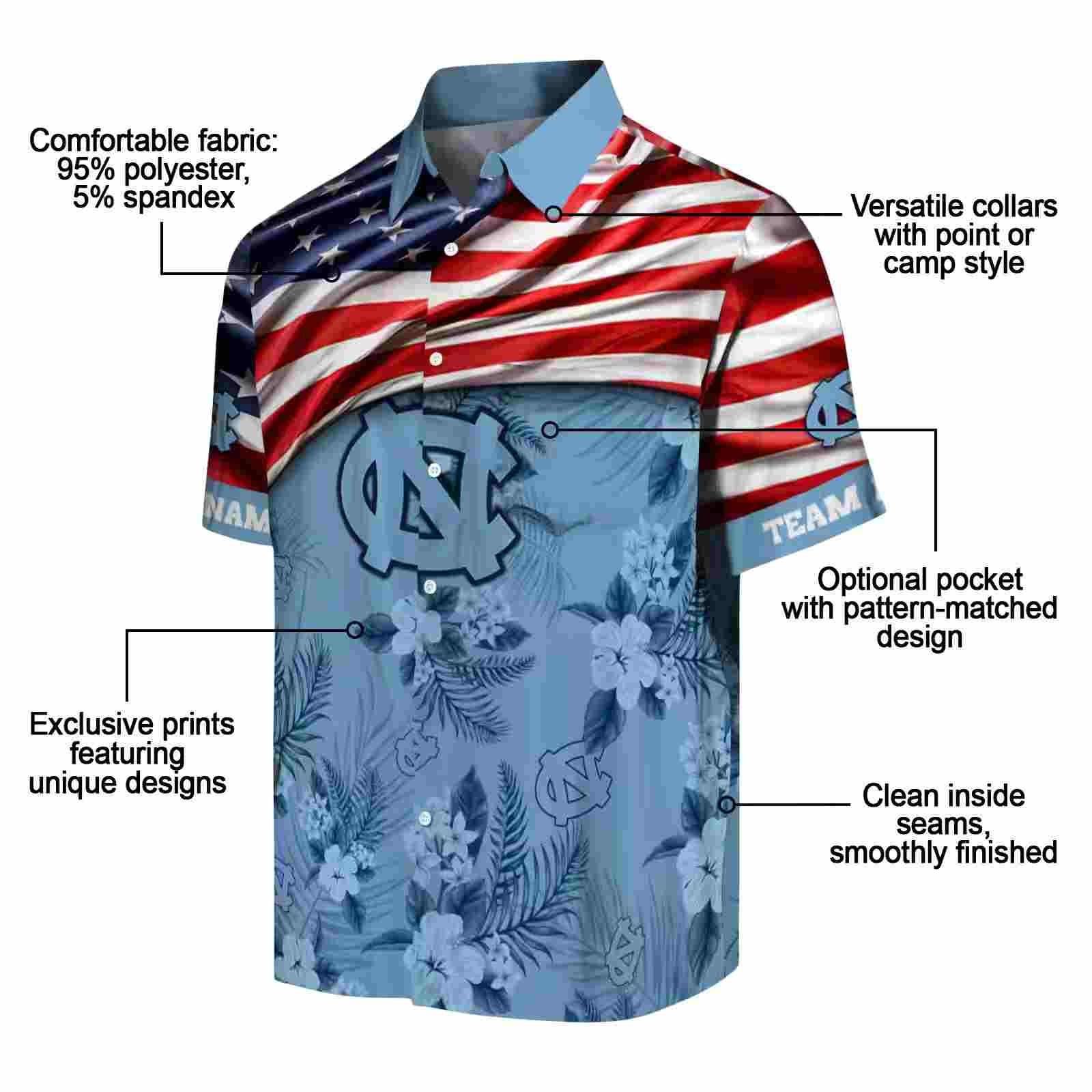 customized north carolina tar heels us flag hibiscus light blue hawaiian shirt new arrival