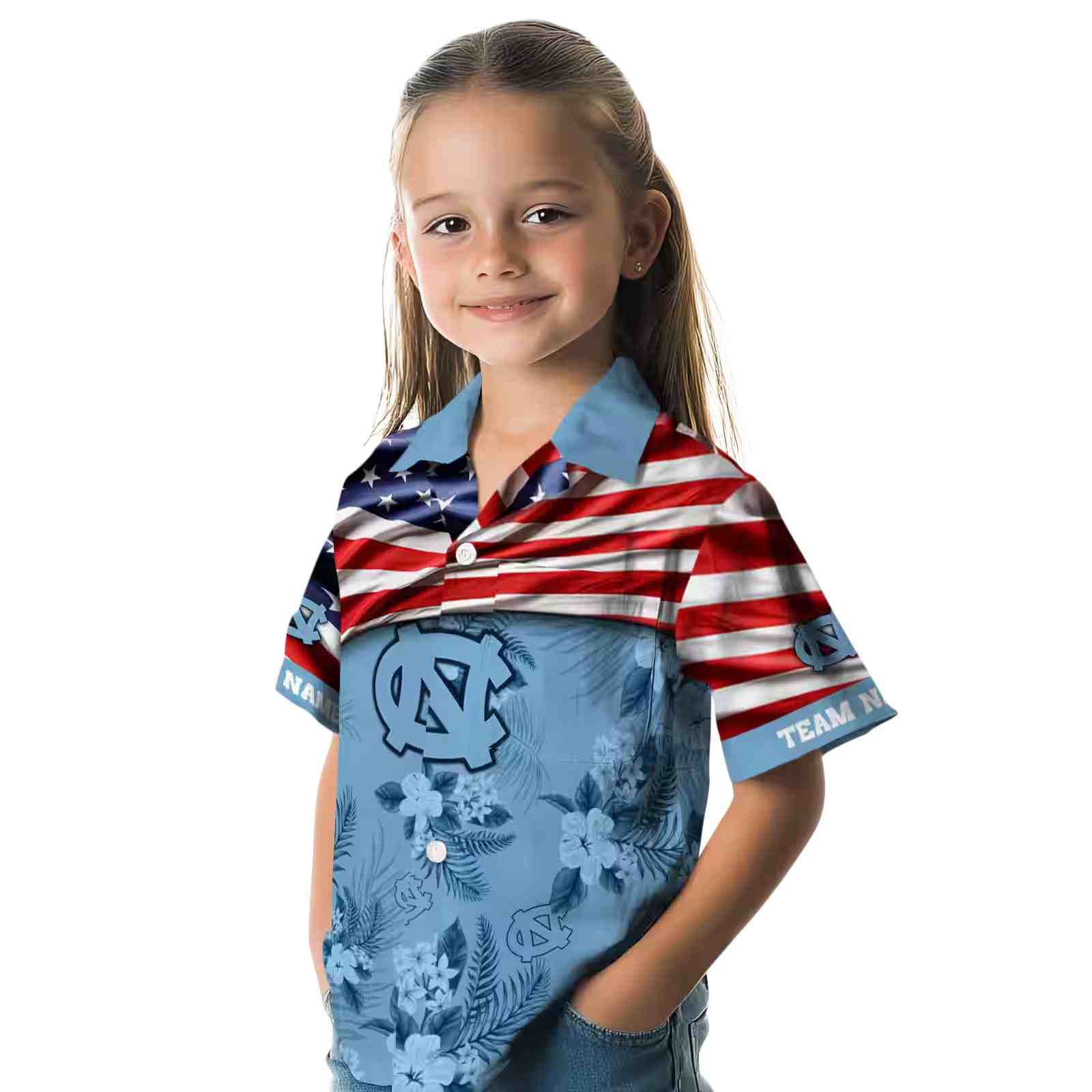 customized north carolina tar heels us flag hibiscus light blue hawaiian shirt premium grade