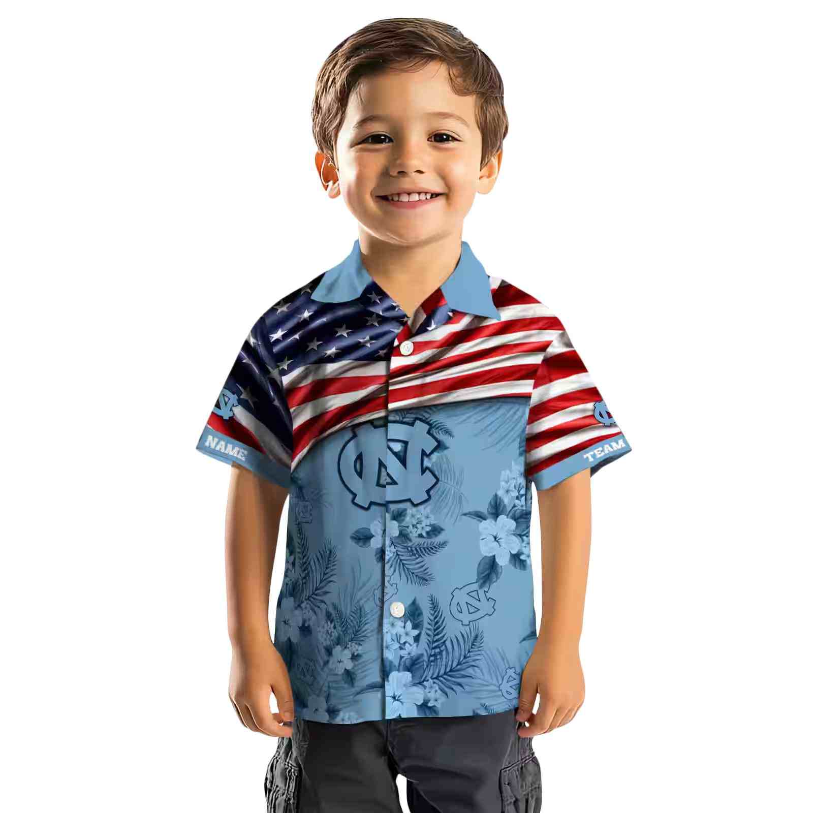 customized north carolina tar heels us flag hibiscus light blue hawaiian shirt top rated