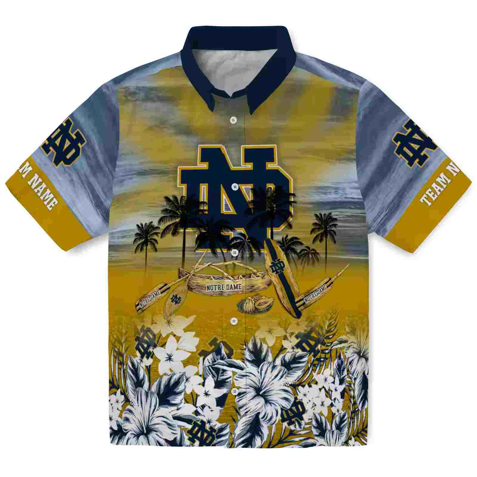 Customized Notre Dame Fighting Irish Tropical Canoe Navy Hawaiian Shirt