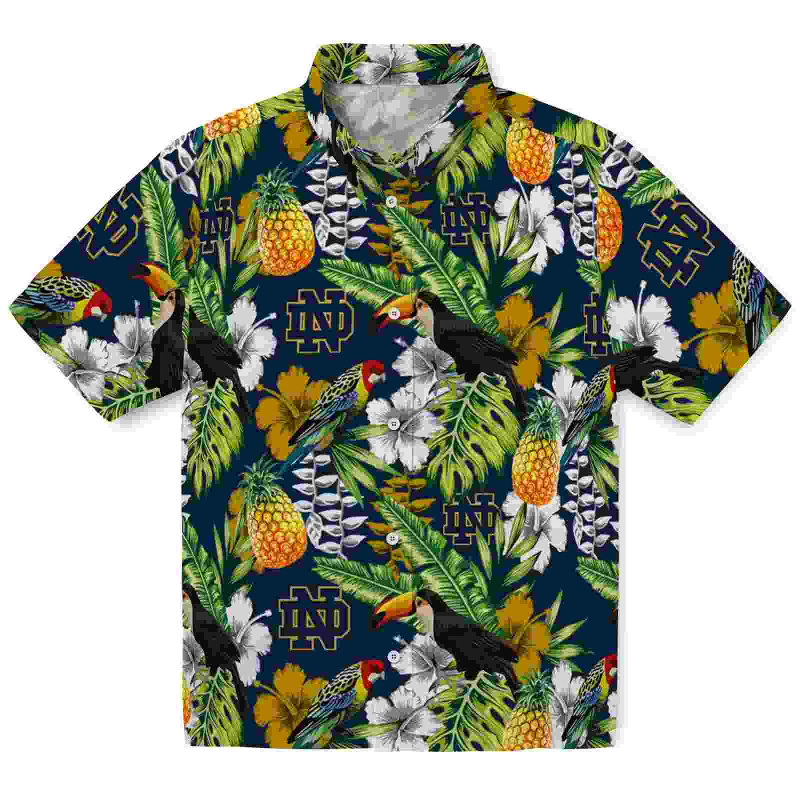 Customized Notre Dame Fighting Irish Tropical Toucan Navy Green Hawaiian Shirt