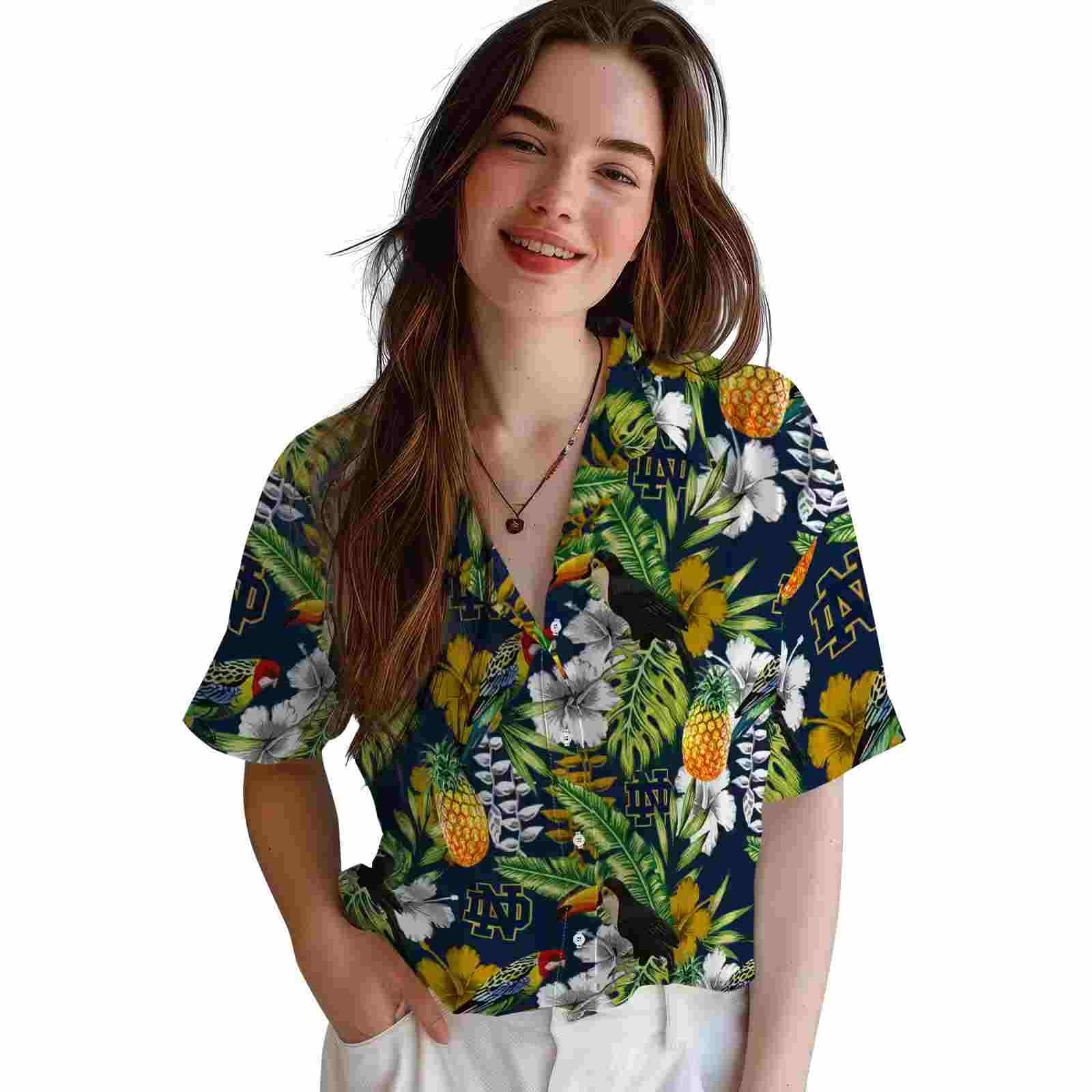 customized notre dame fighting irish tropical toucan navy green hawaiian shirt latest model