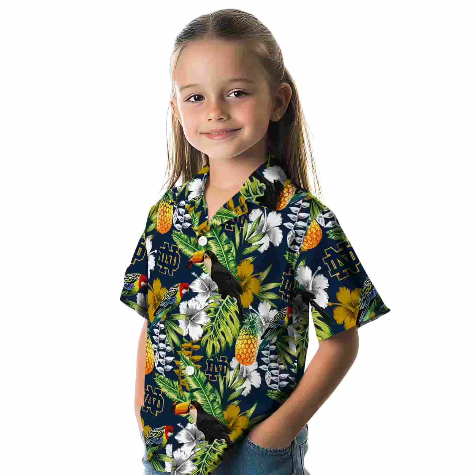 customized notre dame fighting irish tropical toucan navy green hawaiian shirt premium grade