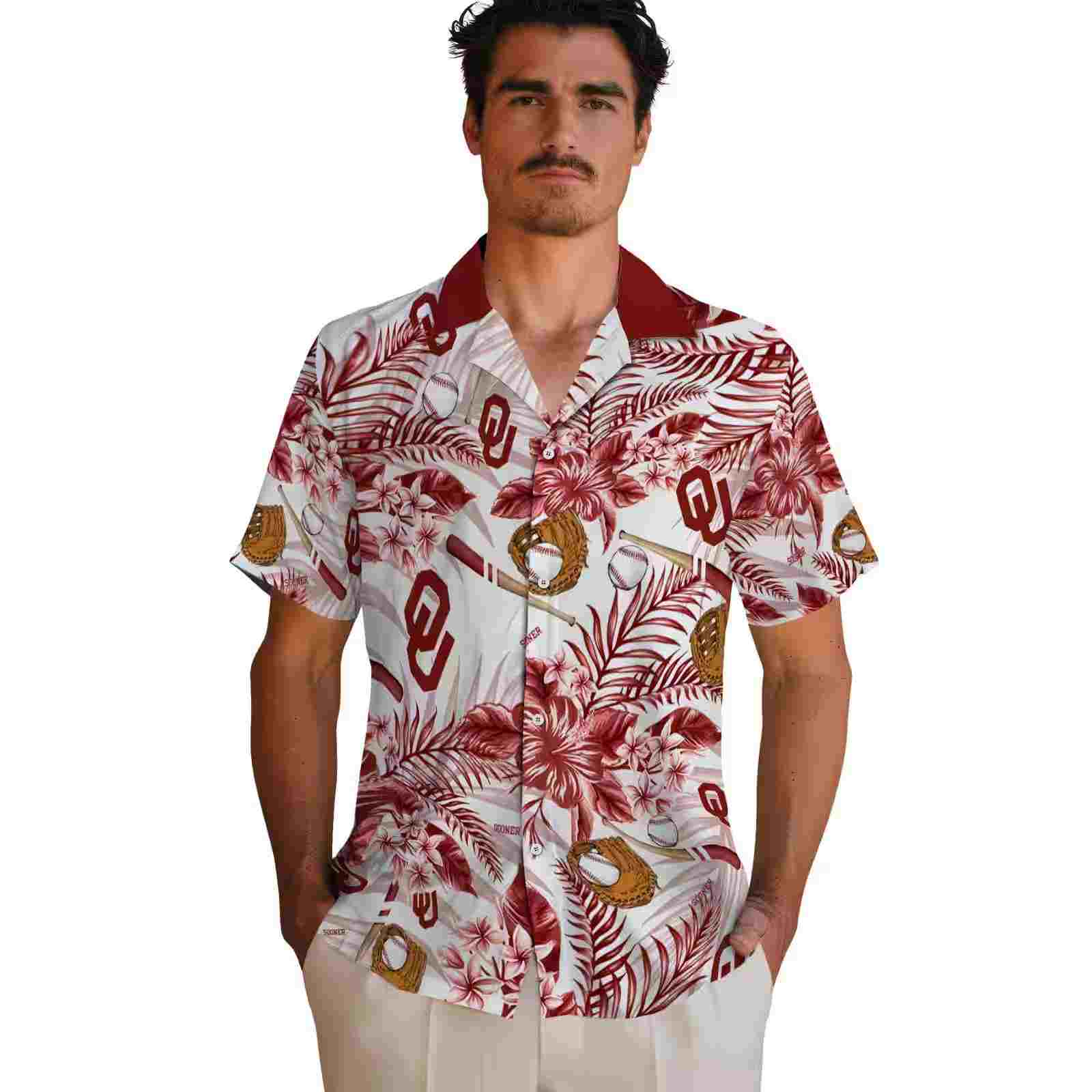 customized oklahoma sooners floral baseball crimson white hawaiian shirt fashion forward