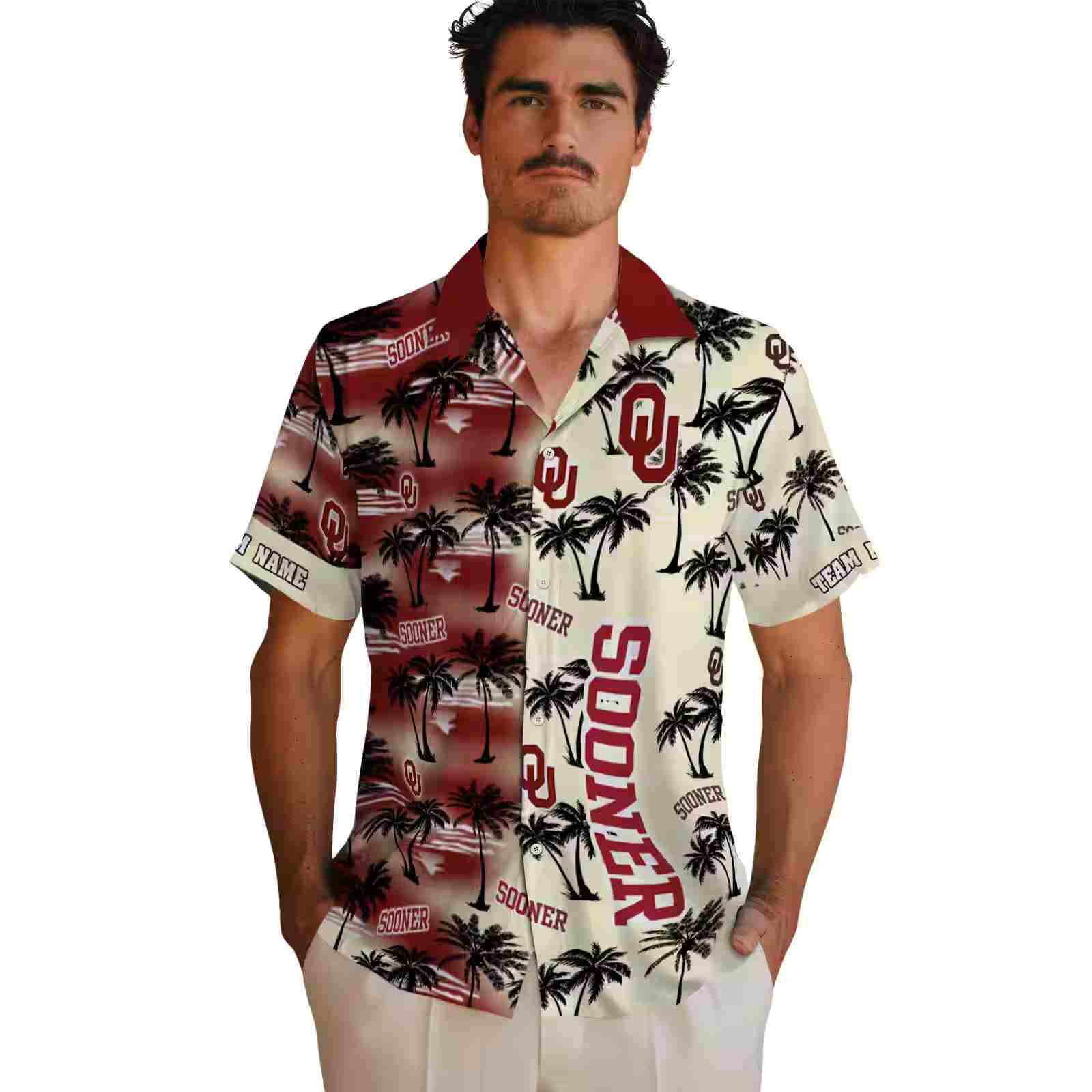 customized oklahoma sooners palm silhouettes crimson hawaiian shirt fashion forward