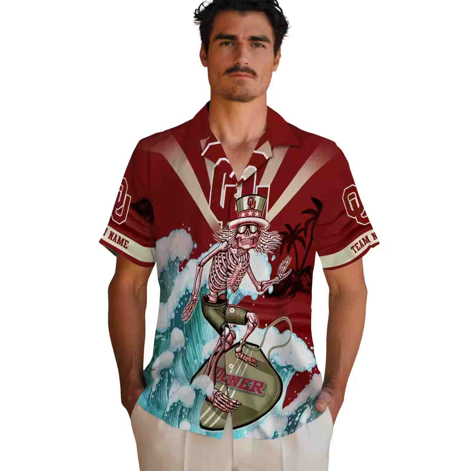 customized oklahoma sooners surfing skeleton crimson blue hawaiian shirt fashion forward