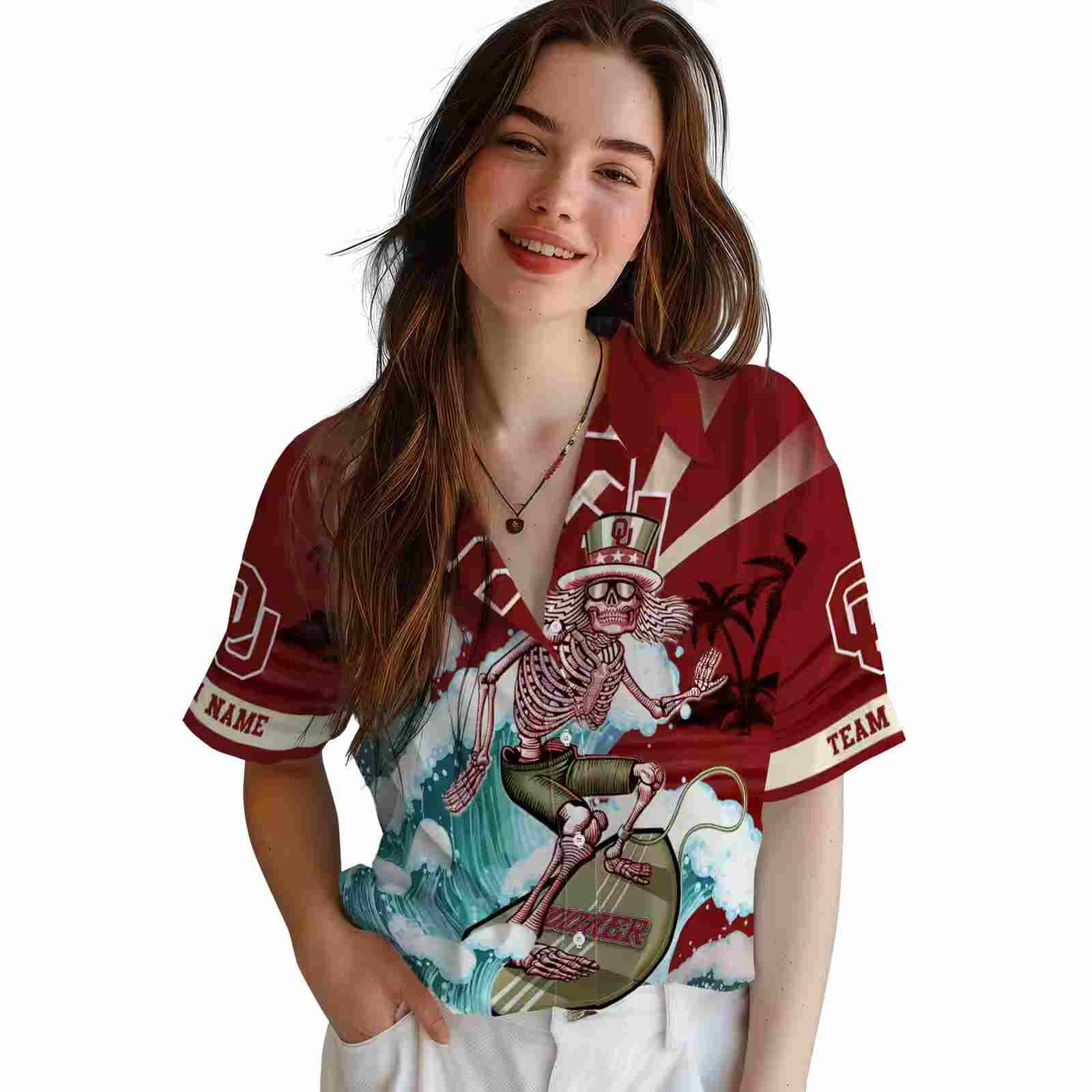 customized oklahoma sooners surfing skeleton crimson blue hawaiian shirt latest model