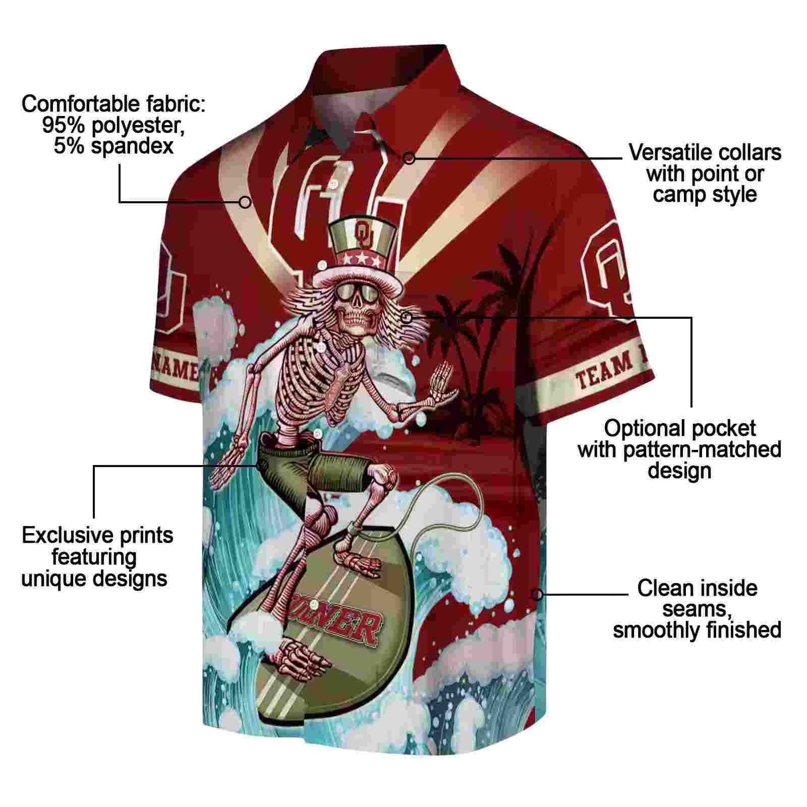 customized oklahoma sooners surfing skeleton crimson blue hawaiian shirt new arrival