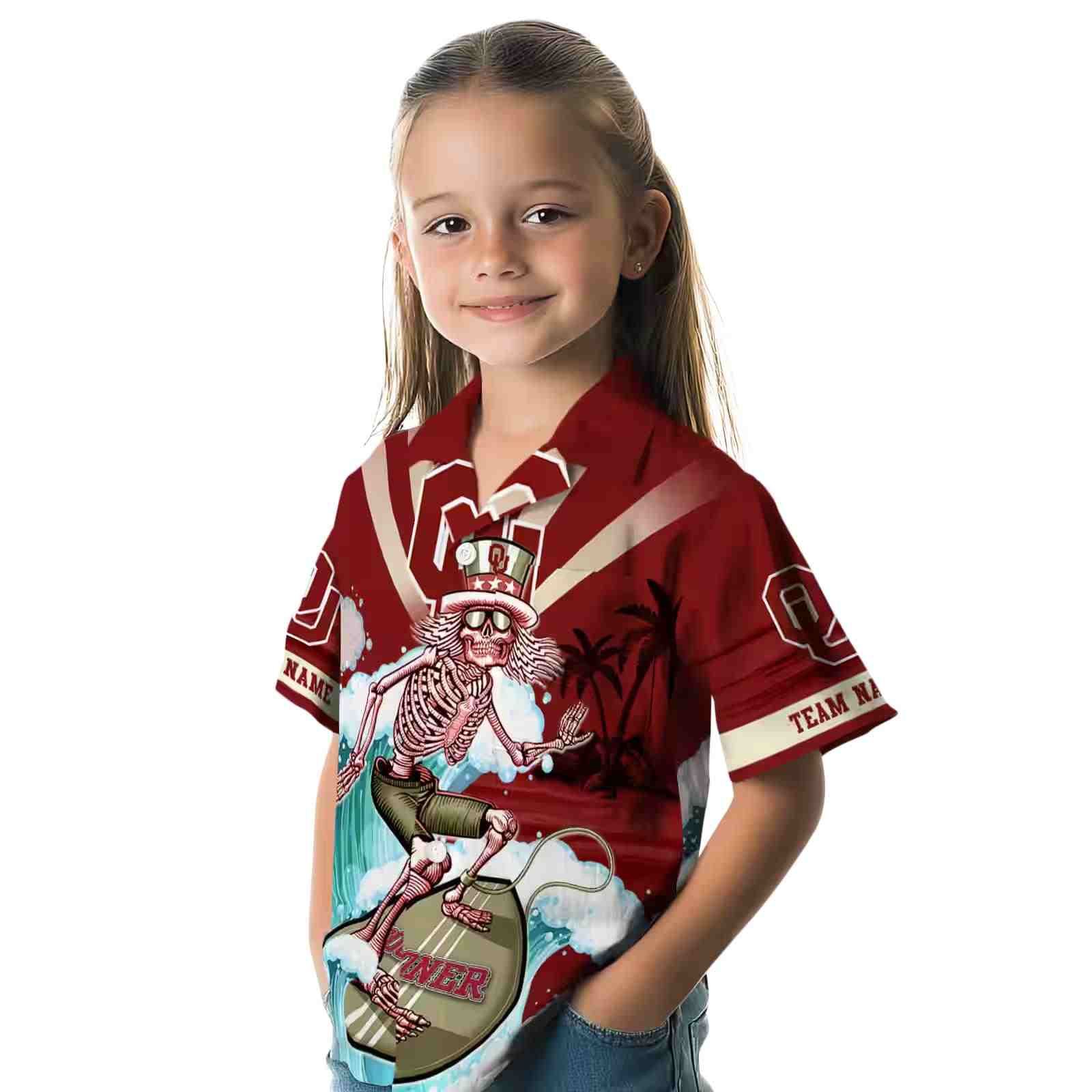 customized oklahoma sooners surfing skeleton crimson blue hawaiian shirt premium grade