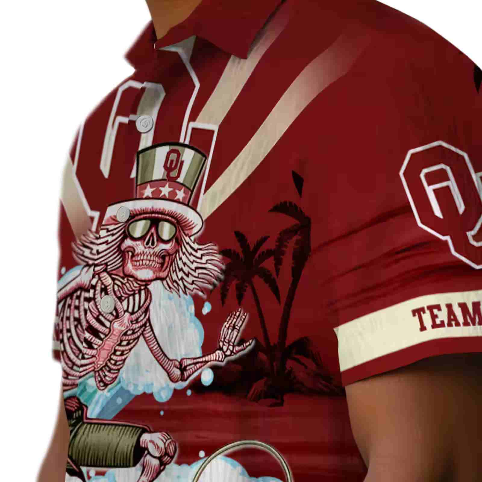 customized oklahoma sooners surfing skeleton crimson blue hawaiian shirt trendy