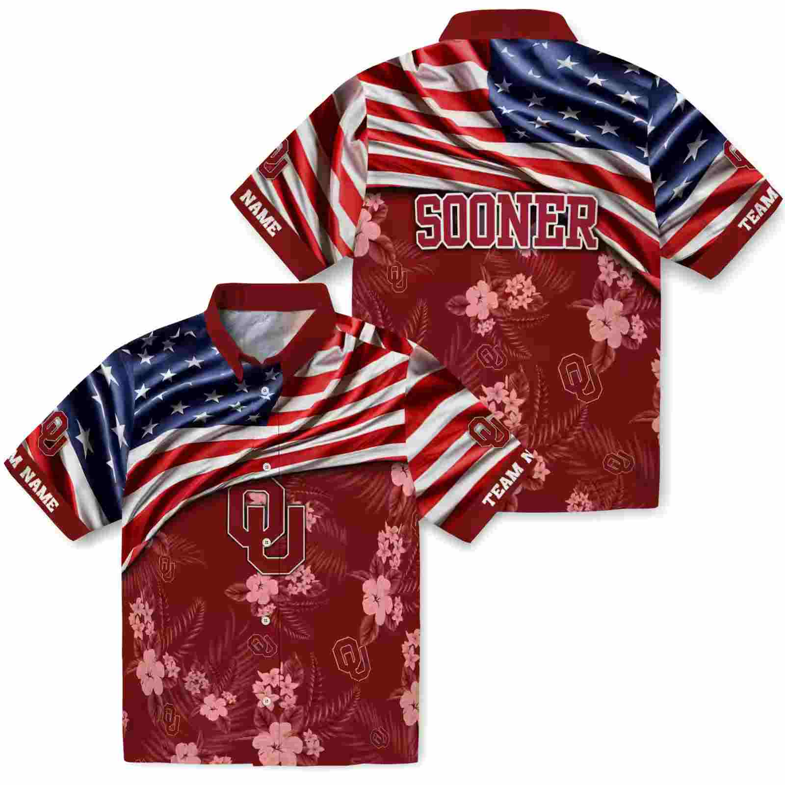 customized oklahoma sooners us flag hibiscus crimson hawaiian shirt high quality