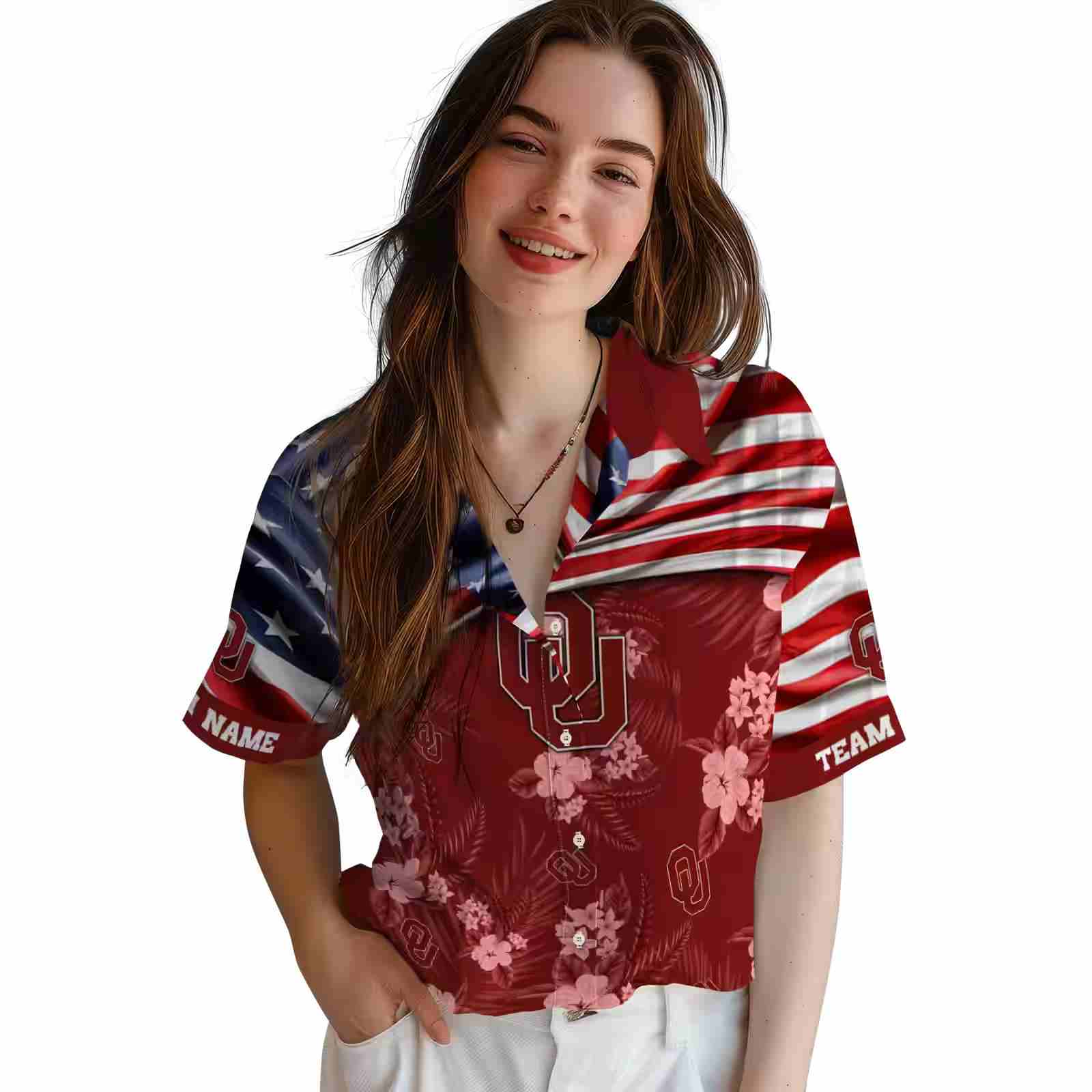 customized oklahoma sooners us flag hibiscus crimson hawaiian shirt latest model